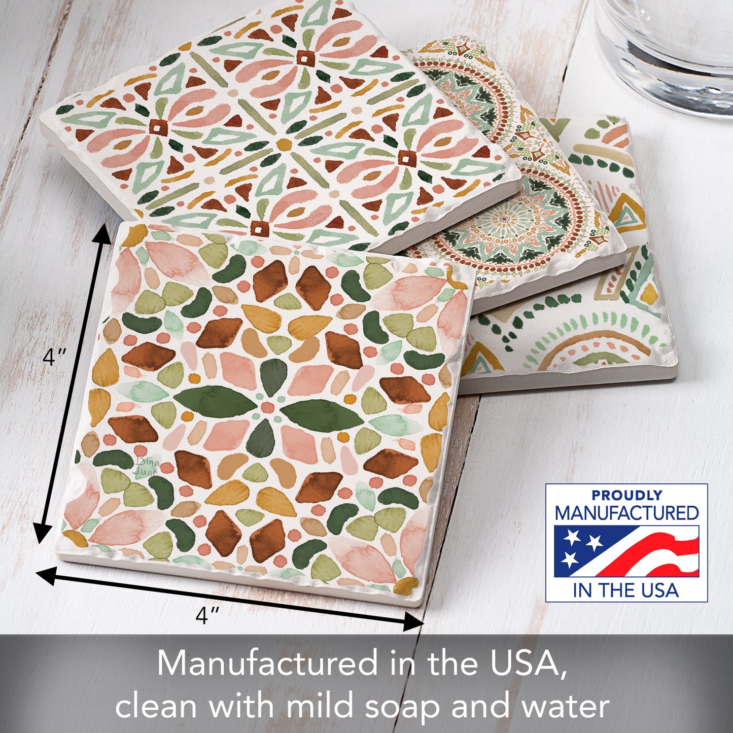 Thirstystone Bohemian Tiles 4-Pack Tumbled Tile Stone Coasters 4" Square
