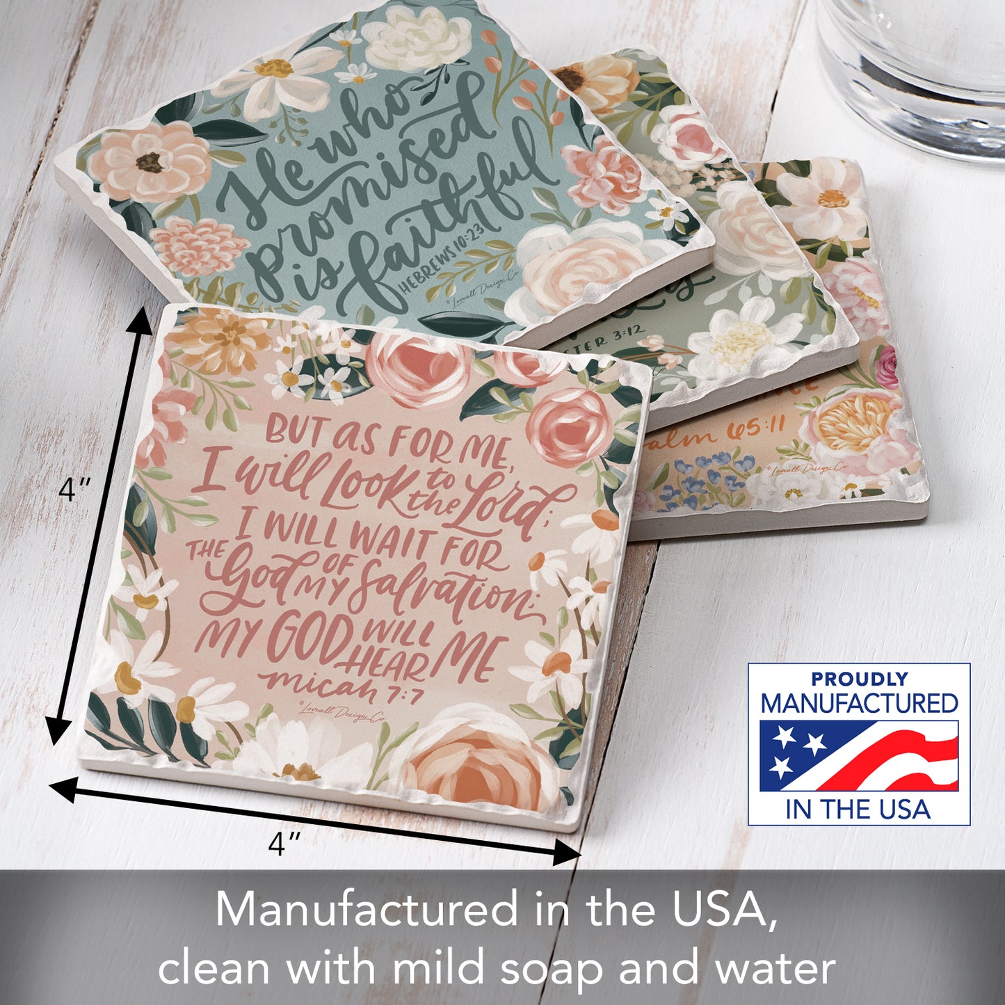 Thirstystone Lovely Scriptures 4 Pack Assorted Tumbled Tile Stone Coasters 4" Square