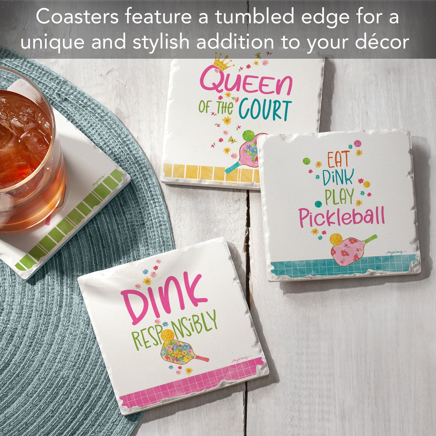 Thirstystone Pickleball 4-Pack Tumbled Tile Stone Coasters 4" Square