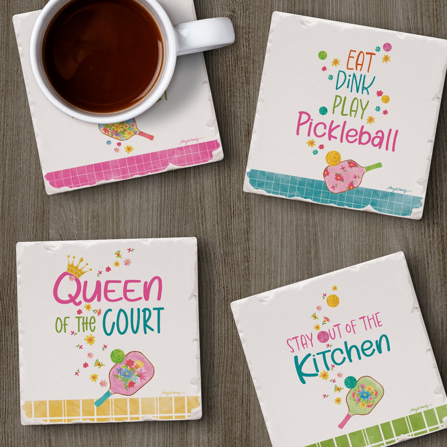Thirstystone Pickleball 4-Pack Tumbled Tile Stone Coasters 4" Square