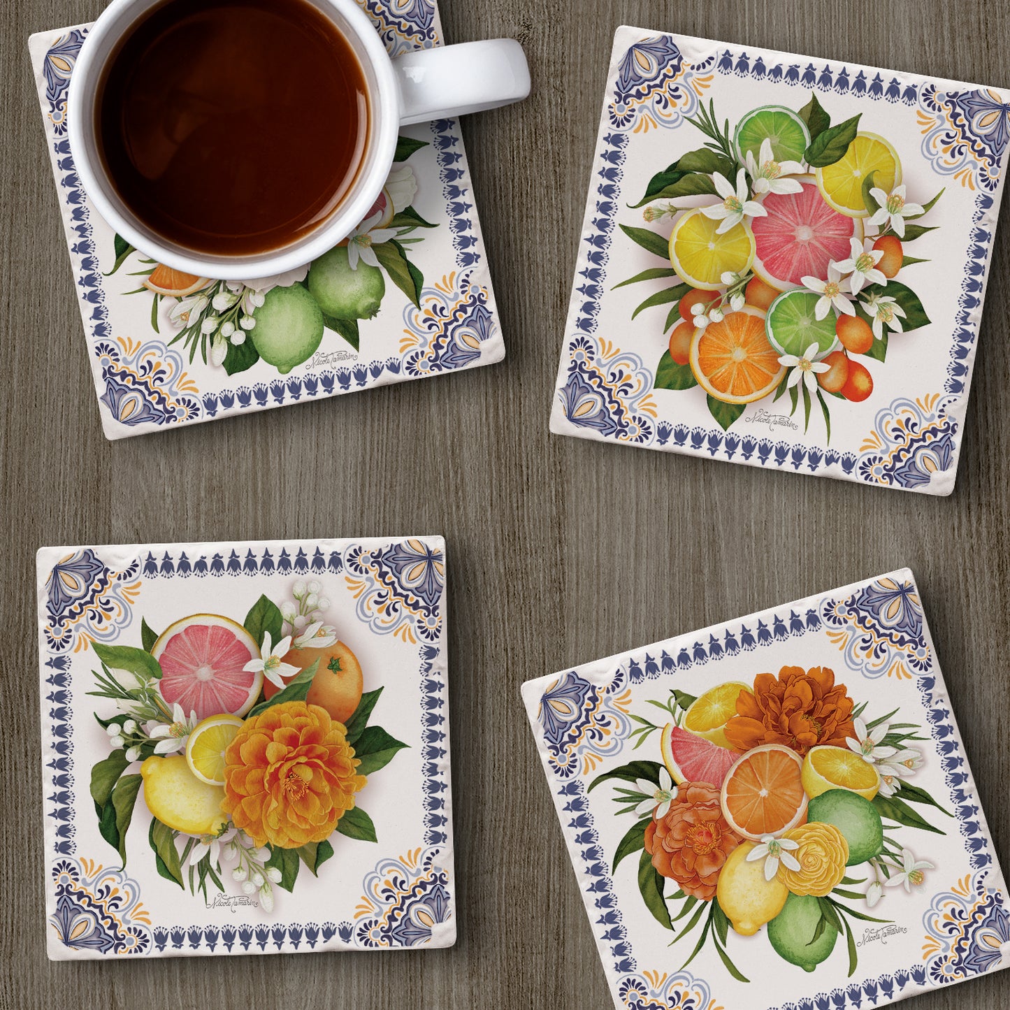 Thirstystone Mediterranean Citrus 4-Pack Tumbled Tile Stone Coasters 4" Square