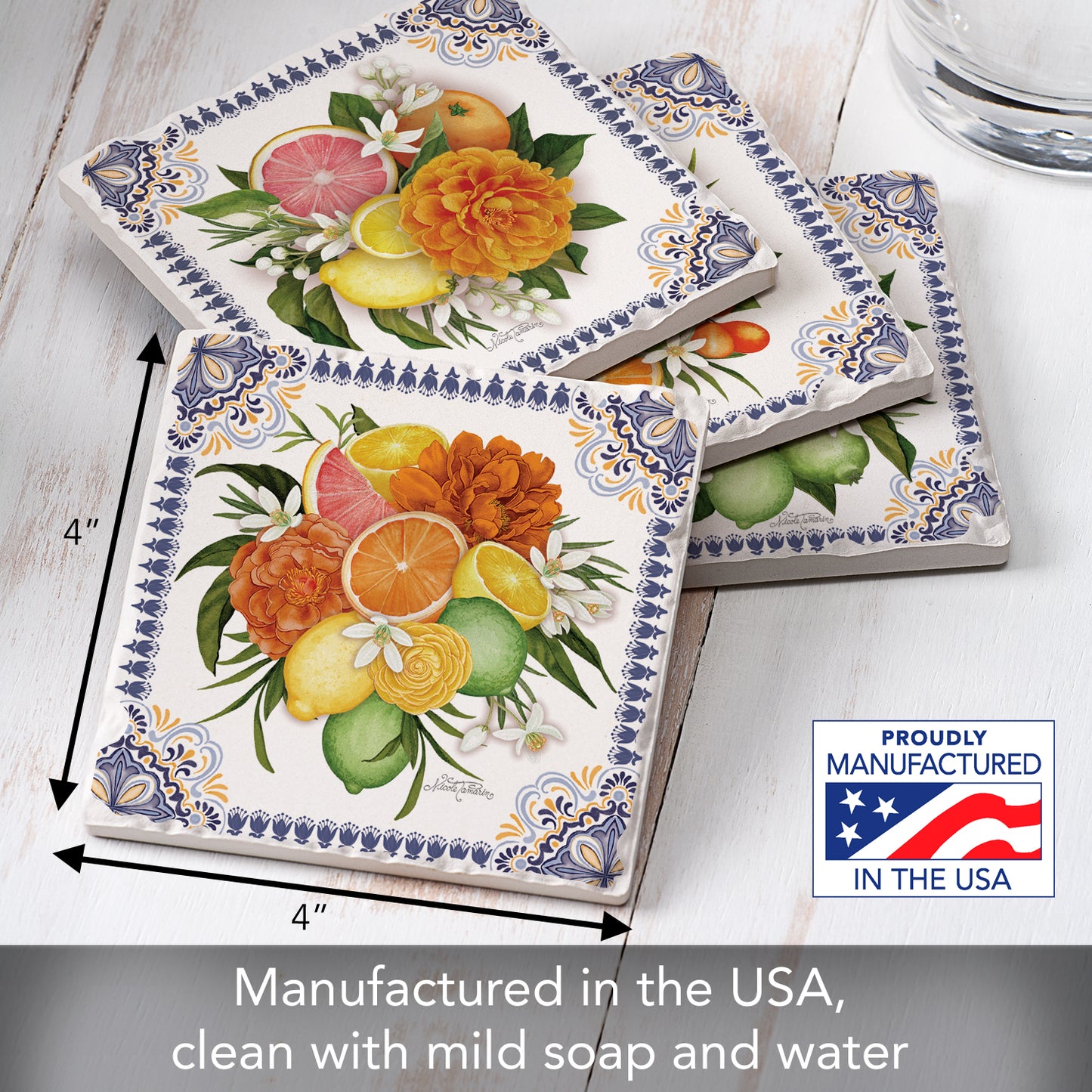 Thirstystone Mediterranean Citrus 4-Pack Tumbled Tile Stone Coasters 4" Square