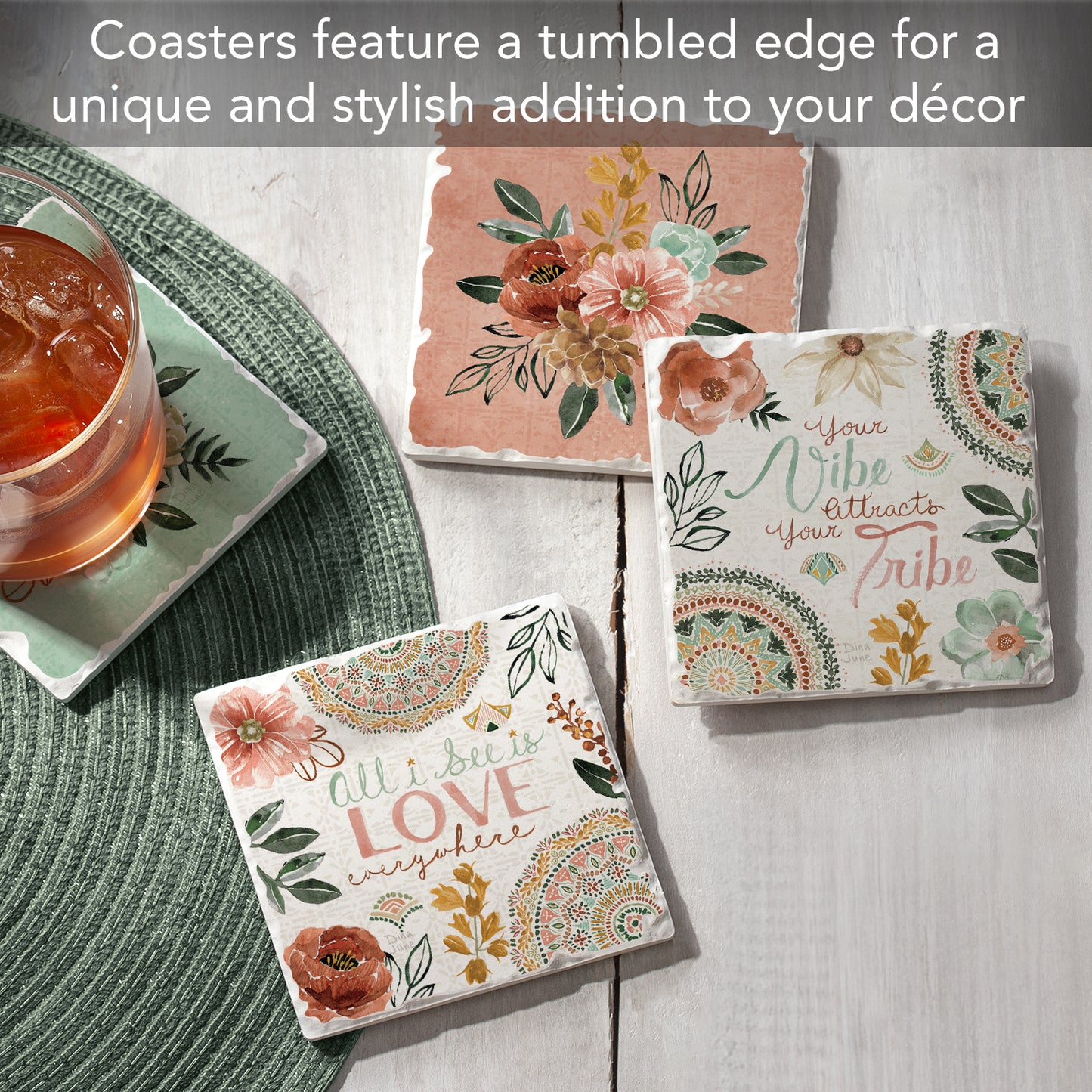 Thirstystone Love Everywhere 4-Pack Absorbent Tumbled Tile Stone Coasters 4" Square