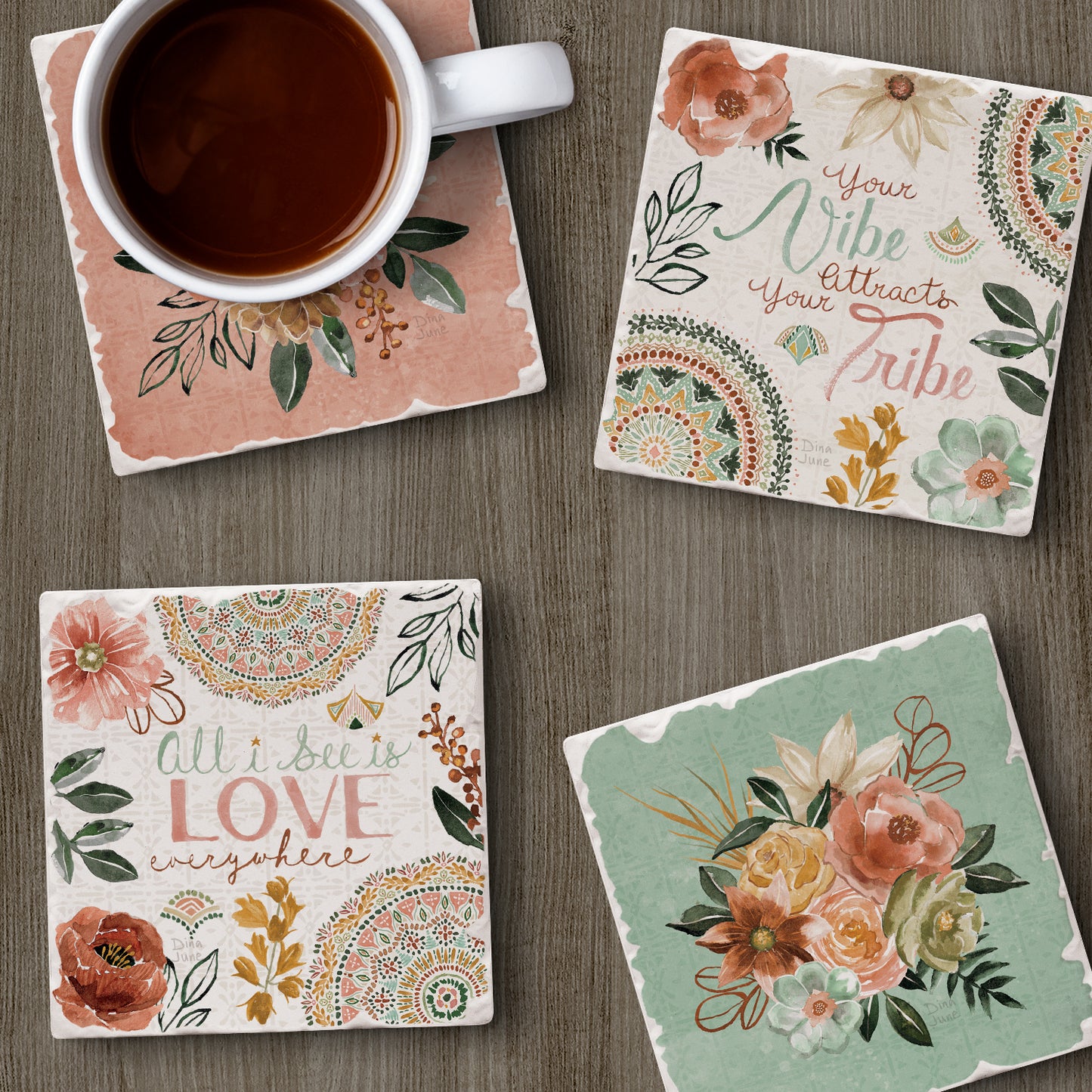 Thirstystone Love Everywhere 4-Pack Absorbent Tumbled Tile Stone Coasters 4" Square