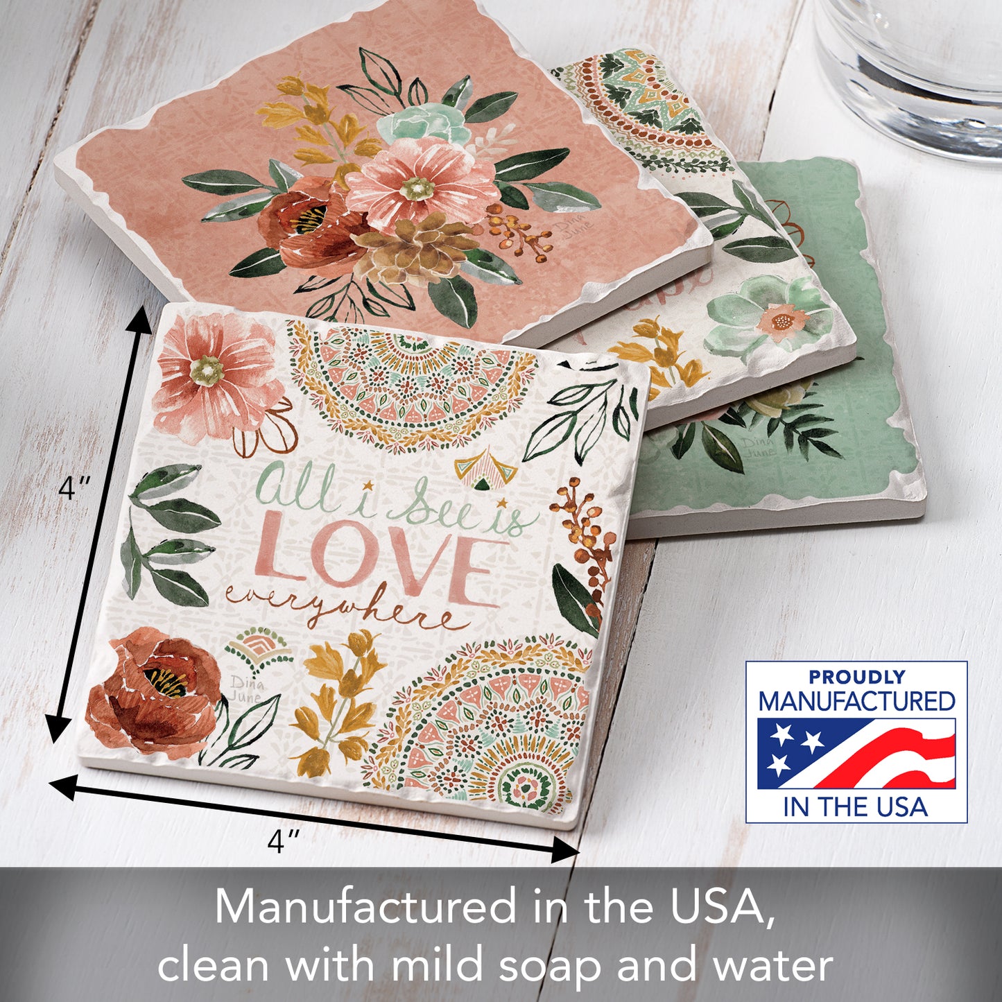 Thirstystone Love Everywhere 4-Pack Absorbent Tumbled Tile Stone Coasters 4" Square