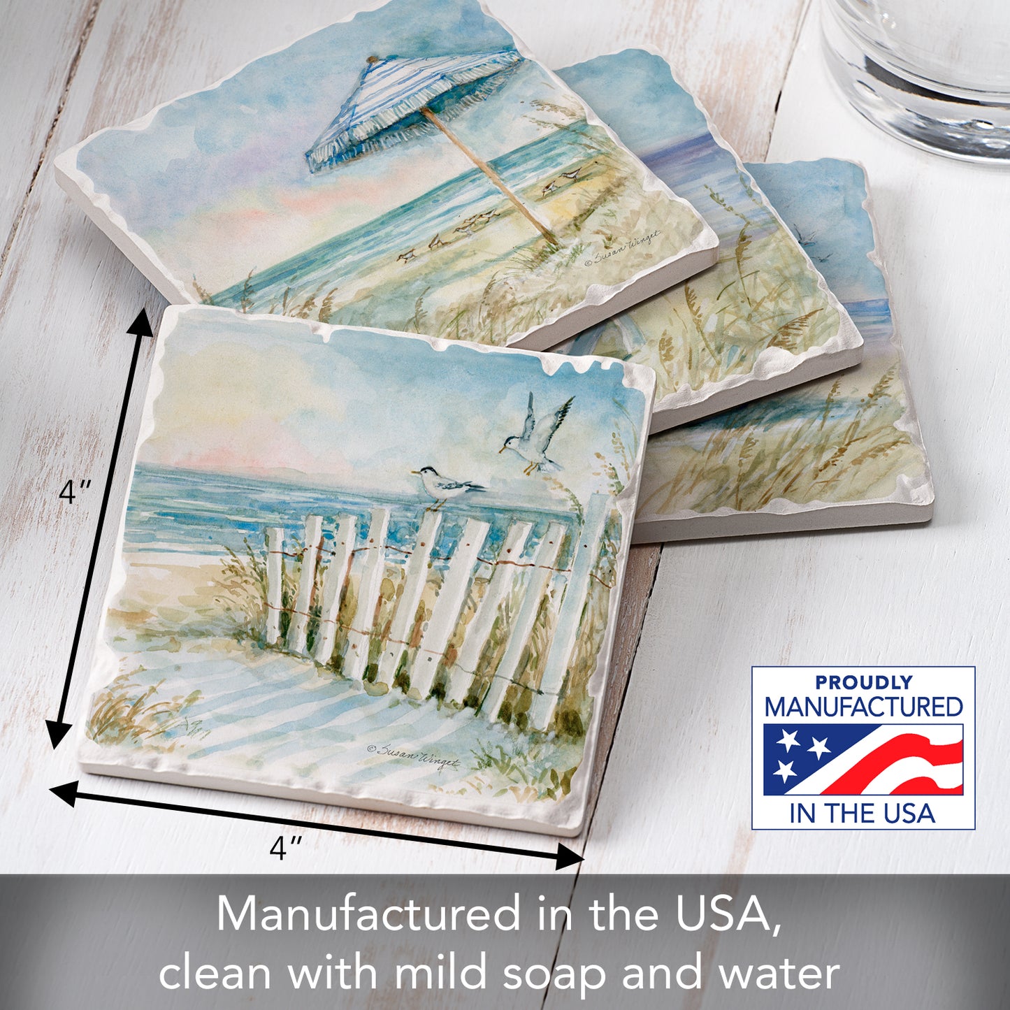 Thirstystone Coastal Sanctuary 4 Pack Assorted Tumbled Tile Stone Coasters 4" Square