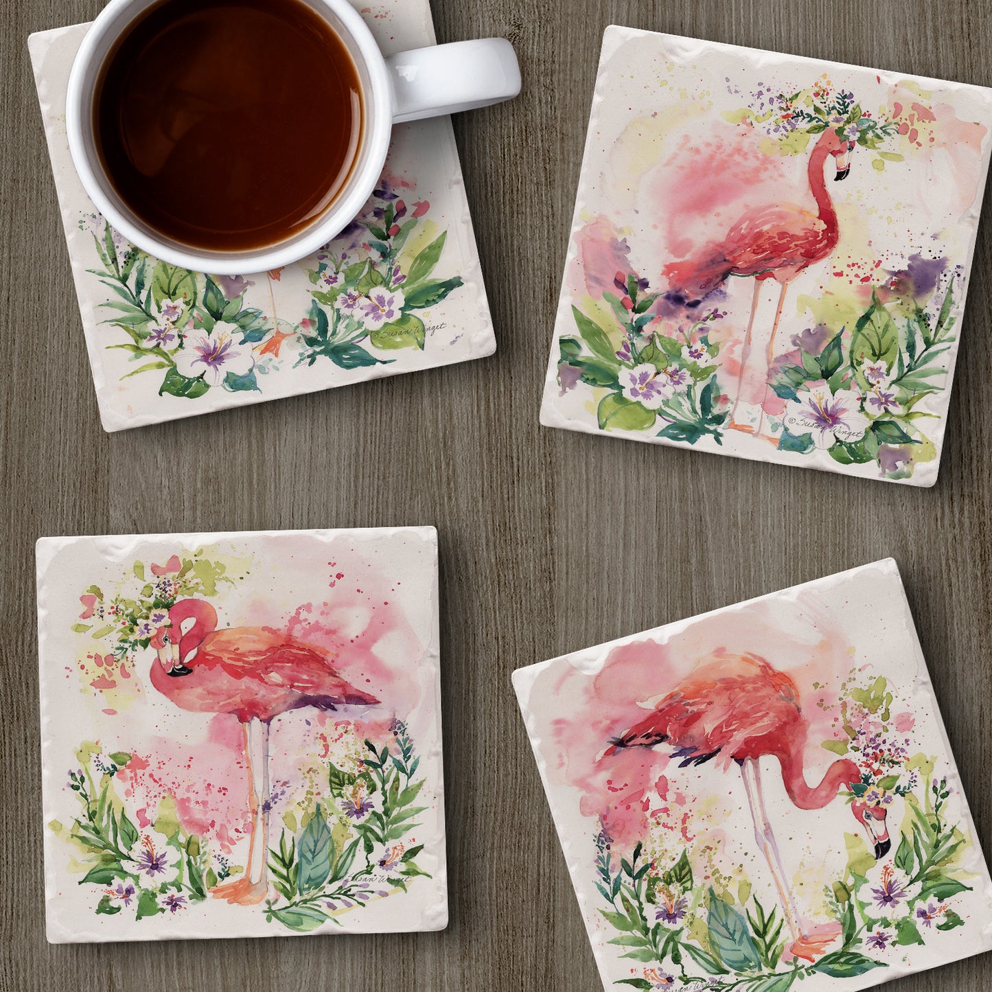 Thirstystone Floral Flamingos 4 Pack Assorted Tumbled Tile Stone Coasters 4" Square