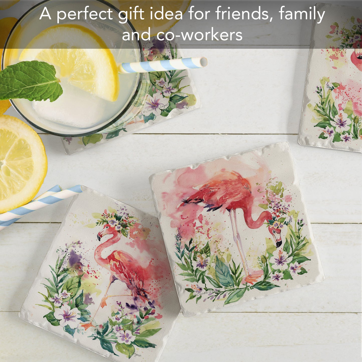 Thirstystone Floral Flamingos 4 Pack Assorted Tumbled Tile Stone Coasters 4" Square