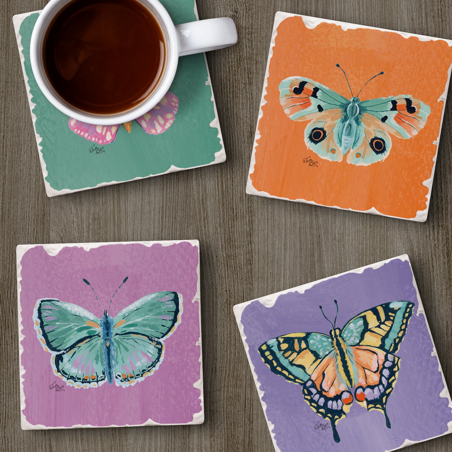 Thirstystone Butterfly Beauties 4 Pack Assorted Tumbled Tile Stone Coasters 4" Square