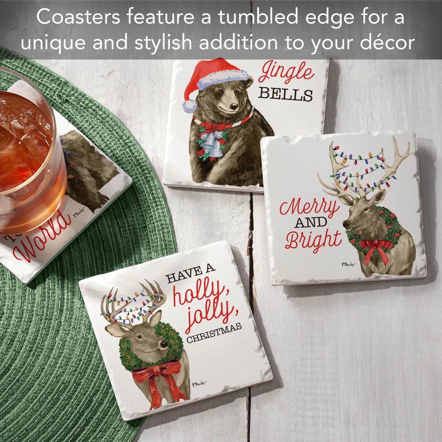 Thirstystone Merry Lodge Creatures 4 Pack Assorted Tumbled Tile Stone Coasters 4" Square