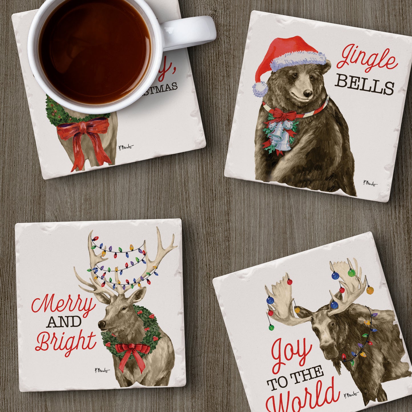 Thirstystone Merry Lodge Creatures 4 Pack Assorted Tumbled Tile Stone Coasters 4" Square