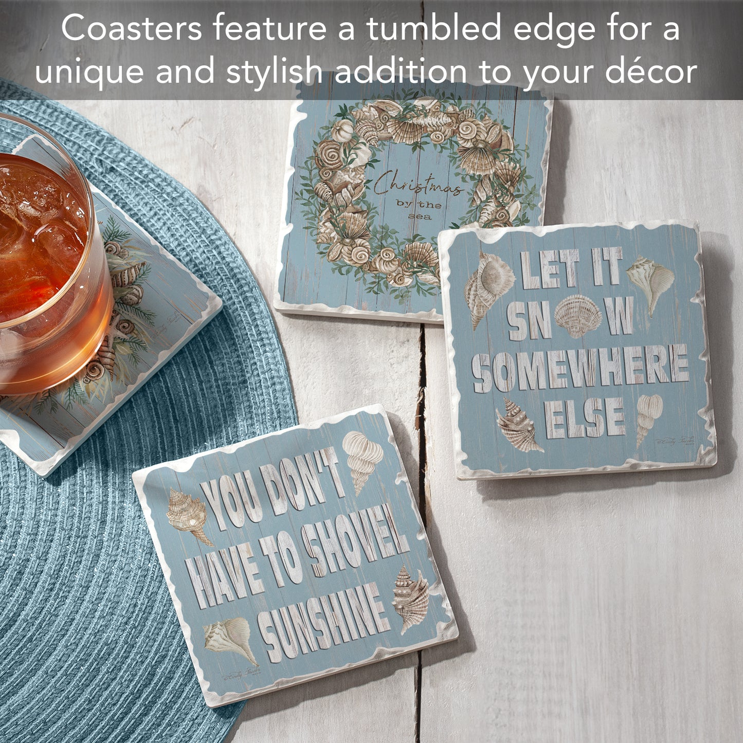 Thirstystone Let It Snow 4 Pack Assorted Tumbled Tile Stone Coasters 4" Square