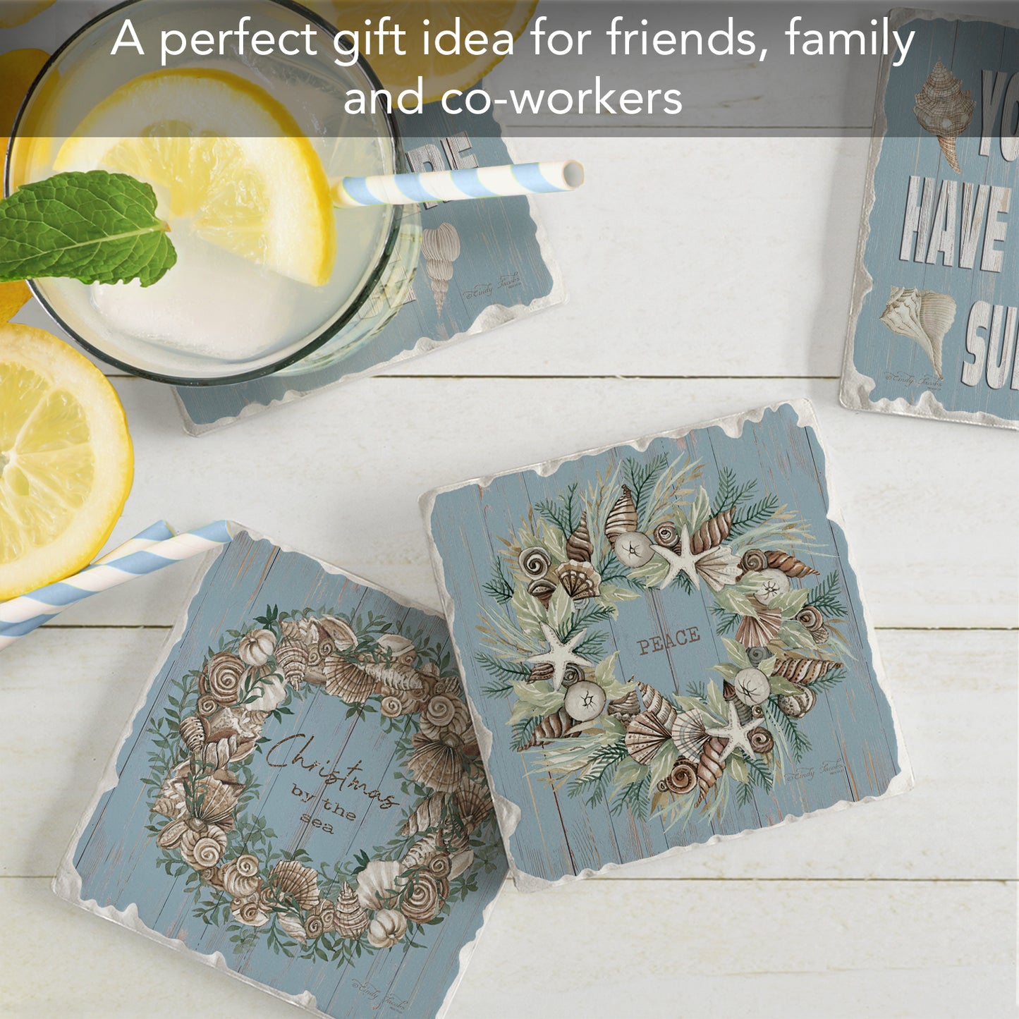 Thirstystone Let It Snow 4 Pack Assorted Tumbled Tile Stone Coasters 4" Square