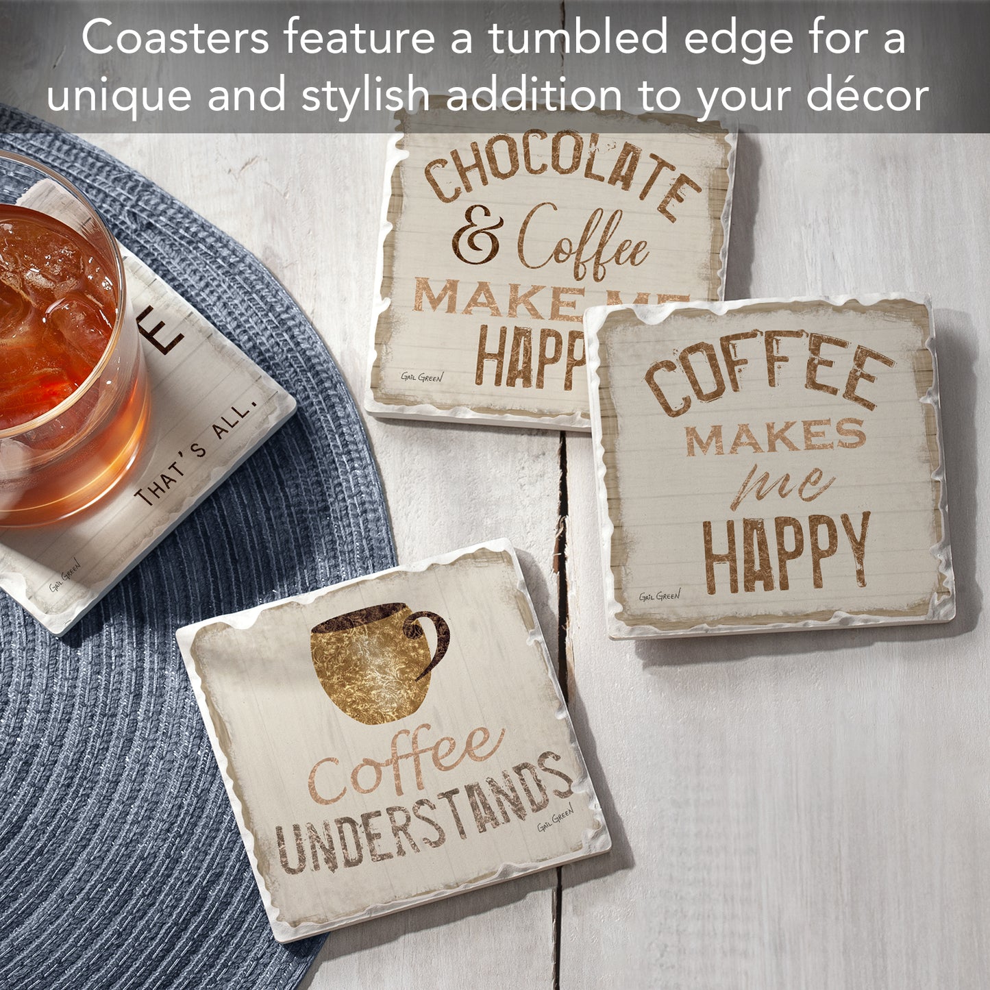 Thirstystone Chocolate & Coffee 4-Pack Tumbled Tile Stone Coasters 4" Square