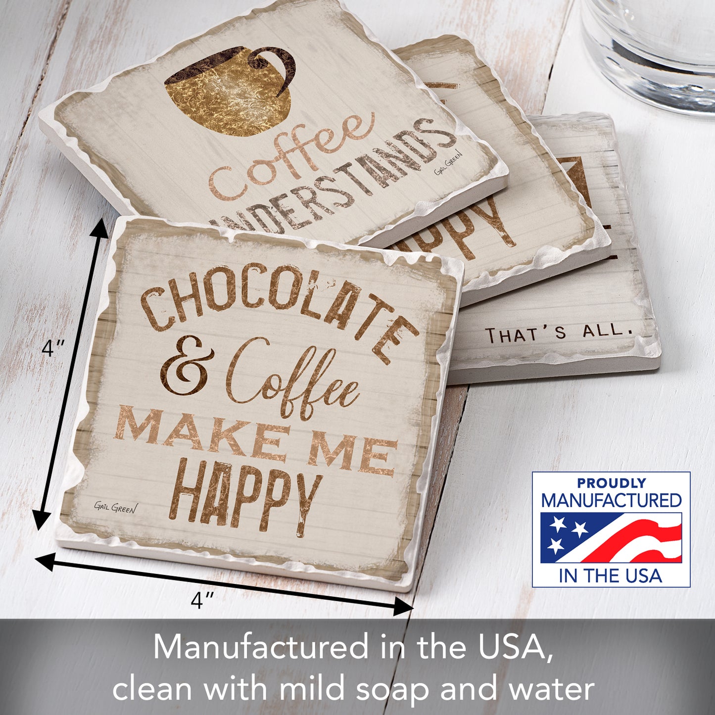 Thirstystone Chocolate & Coffee 4-Pack Tumbled Tile Stone Coasters 4" Square