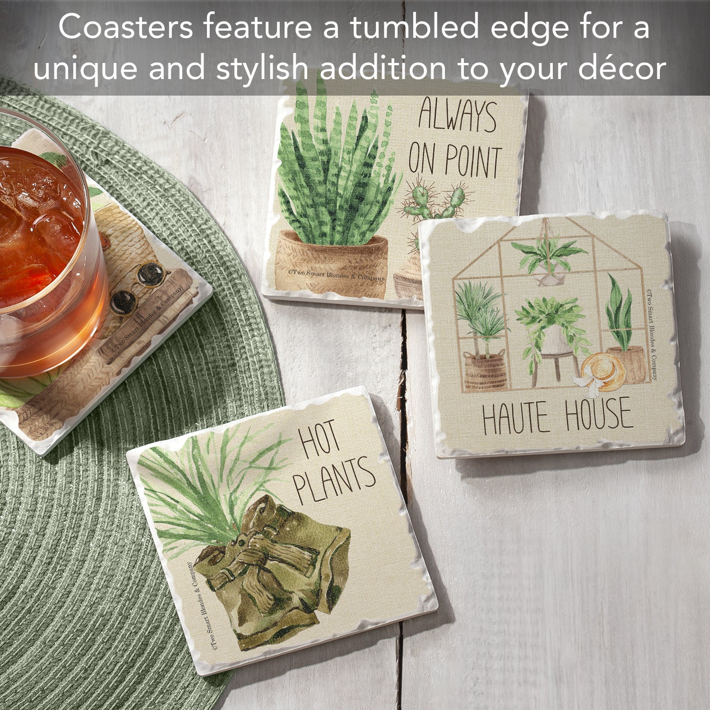 Thirstystone Plant Love 4-Pack Tumbled Tile Stone Coasters 4" Square