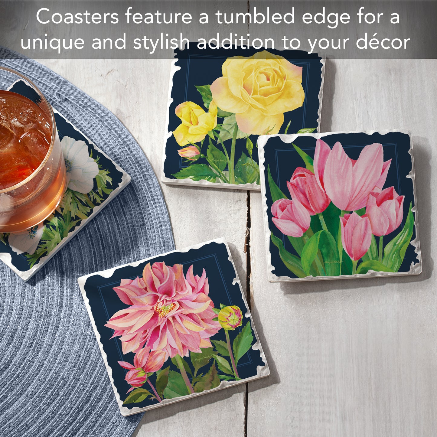 Thirstystone Garden Blooms 4 Pack Assorted Tumbled Tile Stone Coasters 4" Square