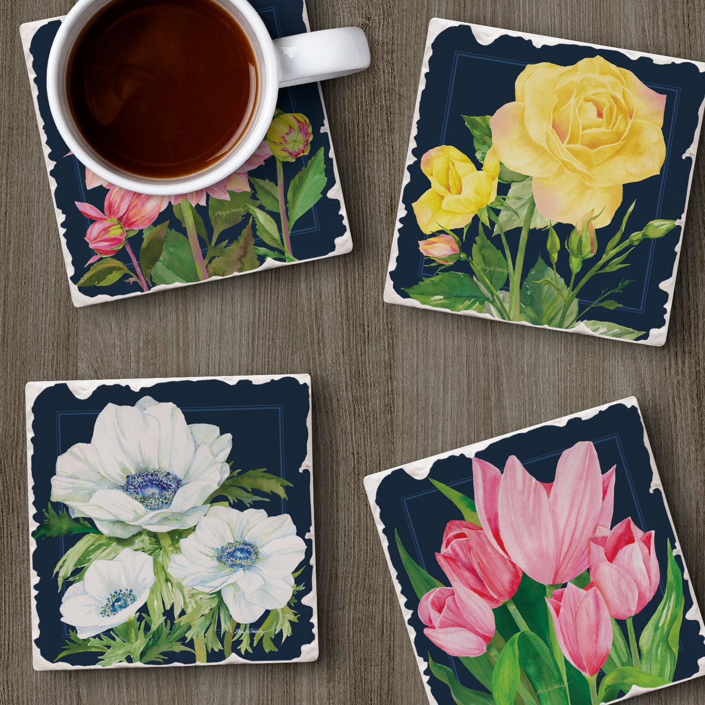 Thirstystone Garden Blooms 4 Pack Assorted Tumbled Tile Stone Coasters 4" Square