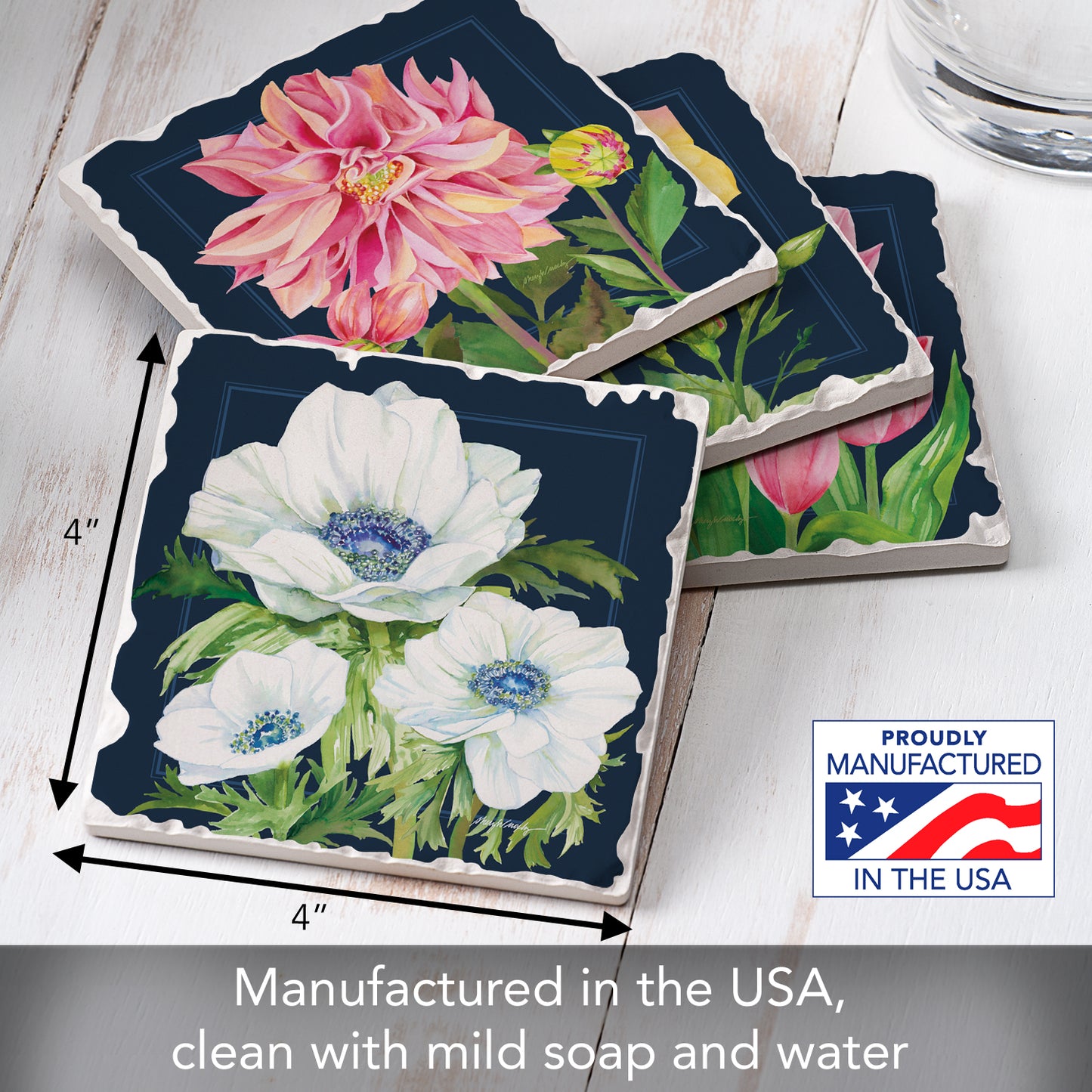 Thirstystone Garden Blooms 4 Pack Assorted Tumbled Tile Stone Coasters 4" Square