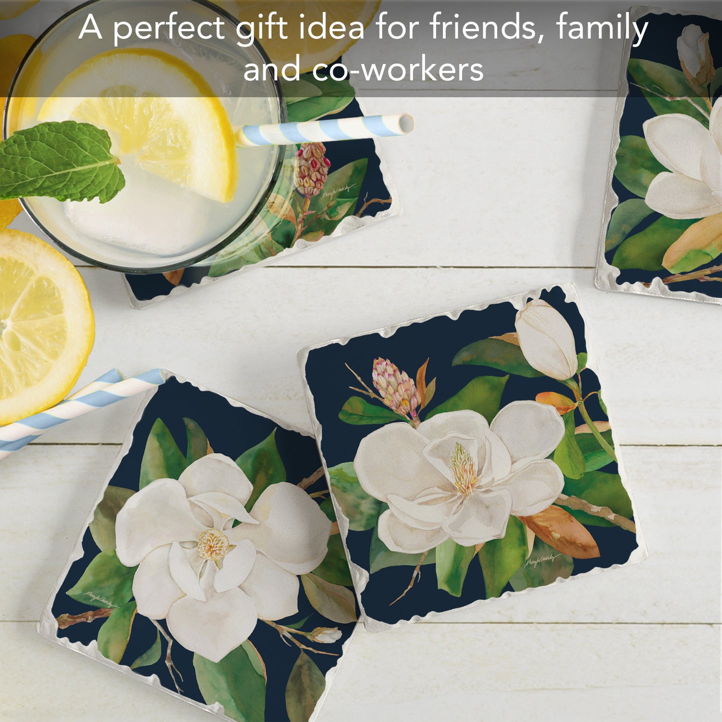Thirstystone Magnolia Motifs 4 Pack Assorted Tumbled Tile Stone Coasters 4" Square