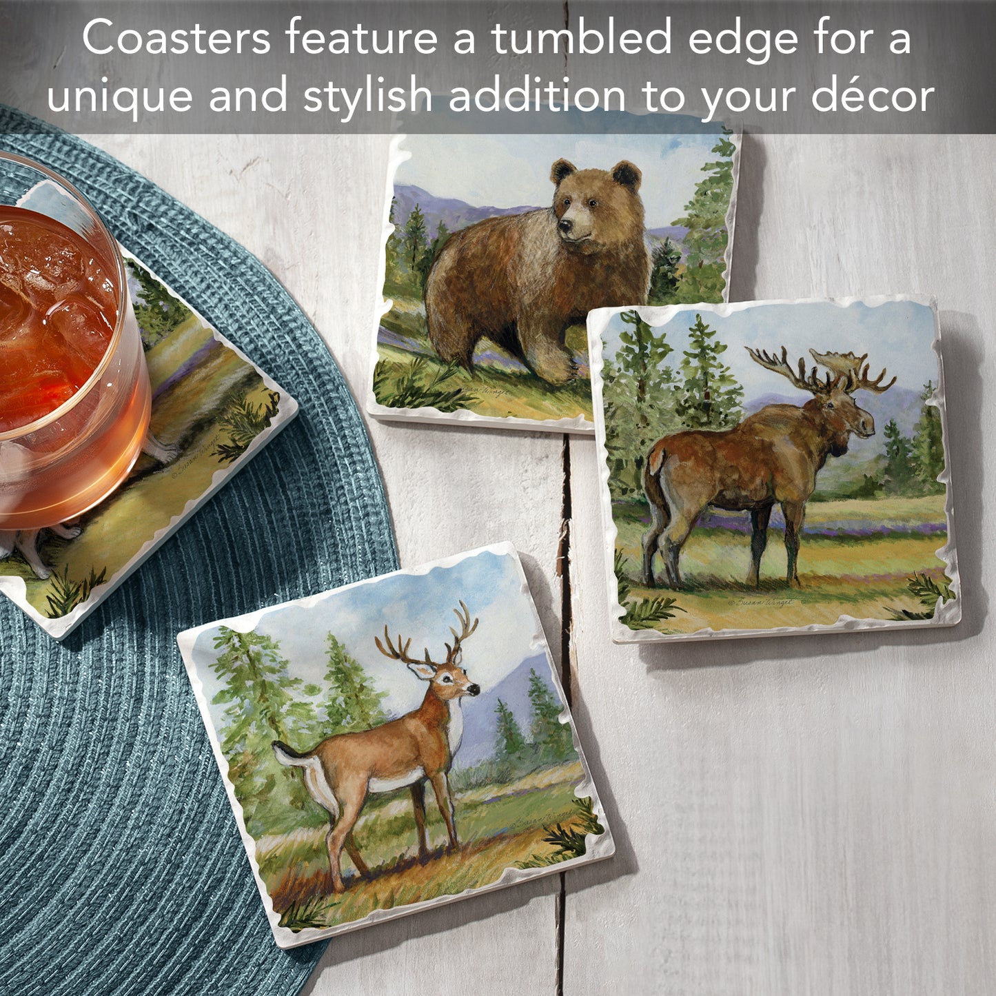 Thirstystone Mountain Lodge Animals 4-Pack Tumbled Tile Stone Coasters 4" Square