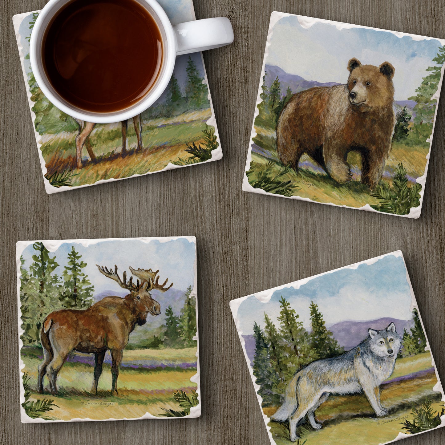 Thirstystone Mountain Lodge Animals 4-Pack Tumbled Tile Stone Coasters 4" Square