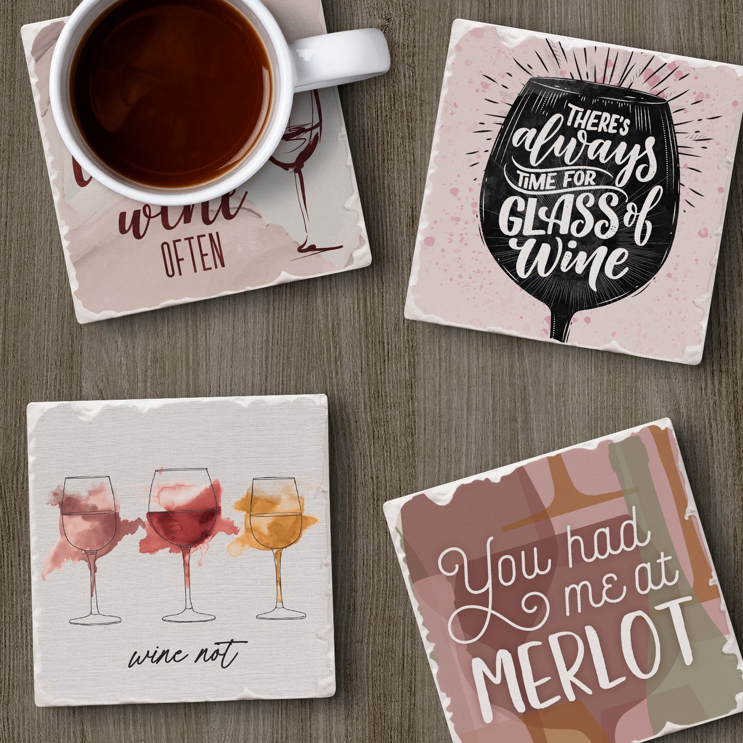 Thirstystone Wine Quotes 4-Pack Tumbled Tile Stone Coasters 4" Square