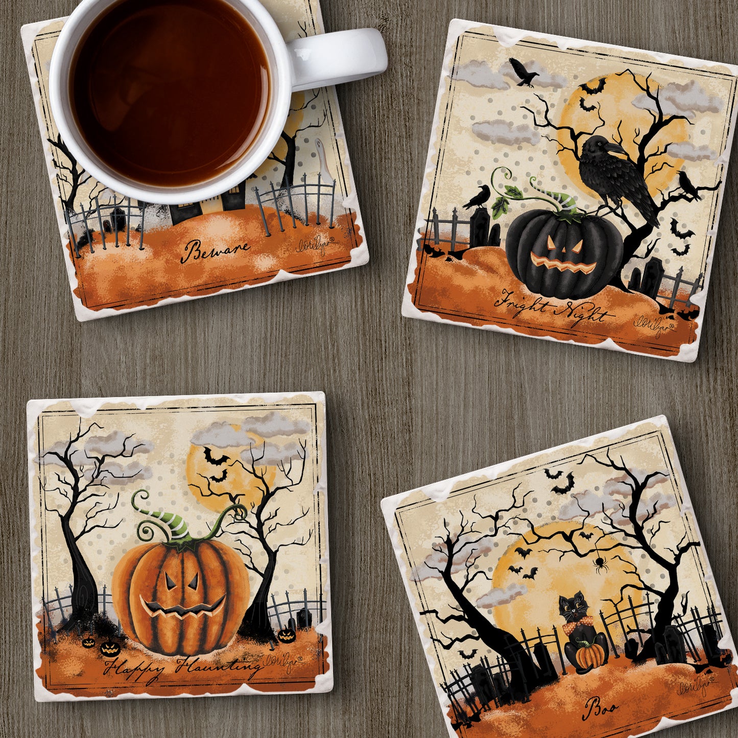Thirstystone Haunted Valley 4 Pack Assorted Tumbled Tile Stone Coasters 4" Square