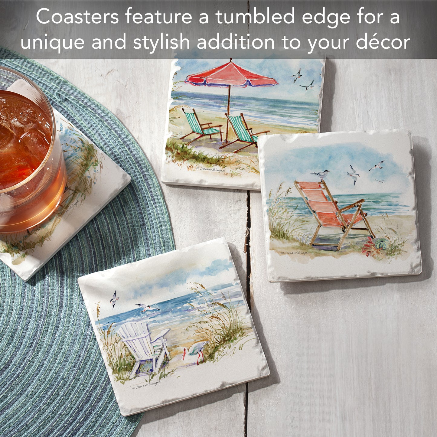 Thirstystone Coastal Moments 4 Pack Assorted Tumbled Tile Stone Coasters 4" Square