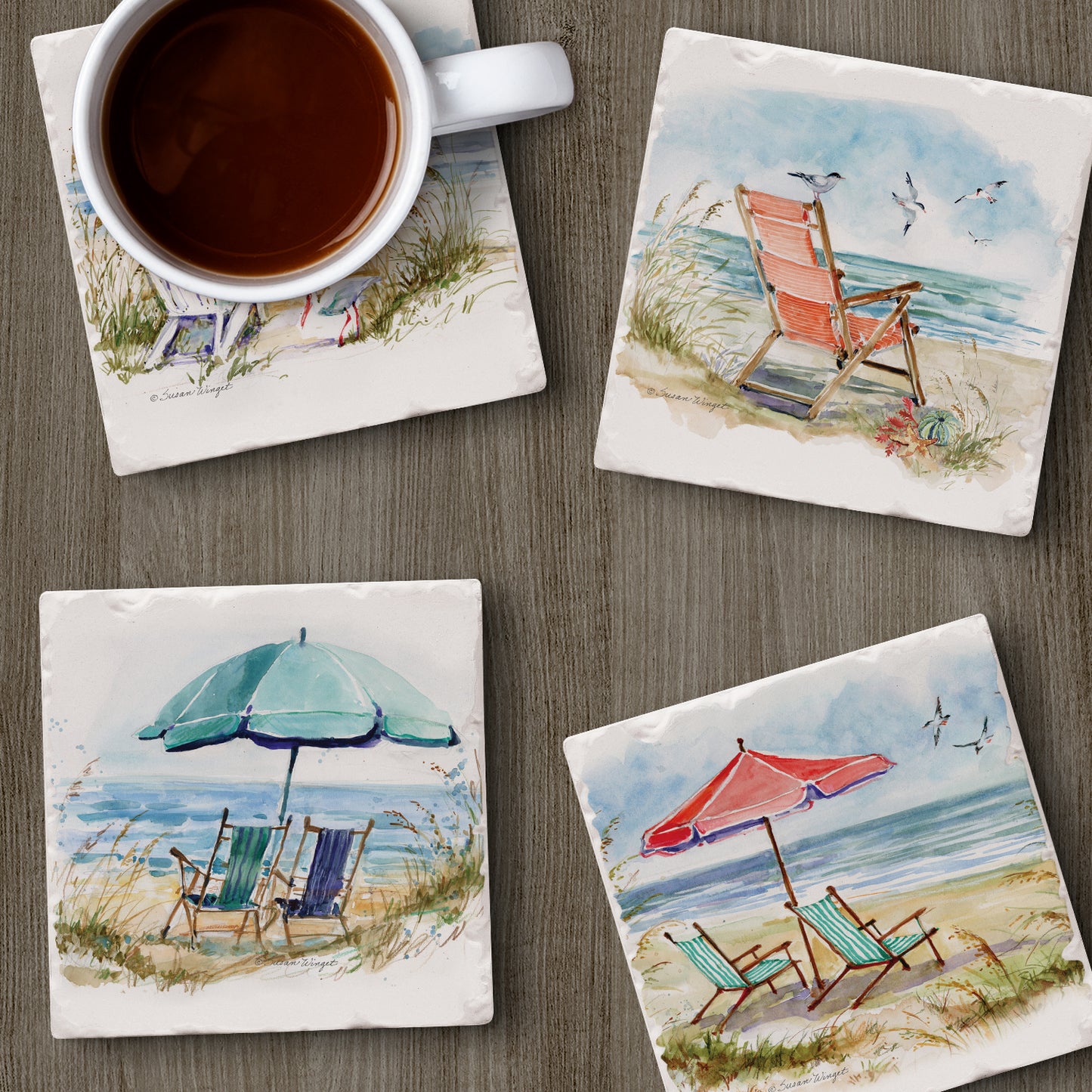Thirstystone Coastal Moments 4 Pack Assorted Tumbled Tile Stone Coasters 4" Square