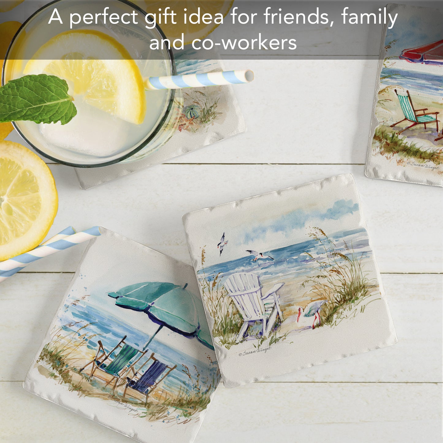 Thirstystone Coastal Moments 4 Pack Assorted Tumbled Tile Stone Coasters 4" Square