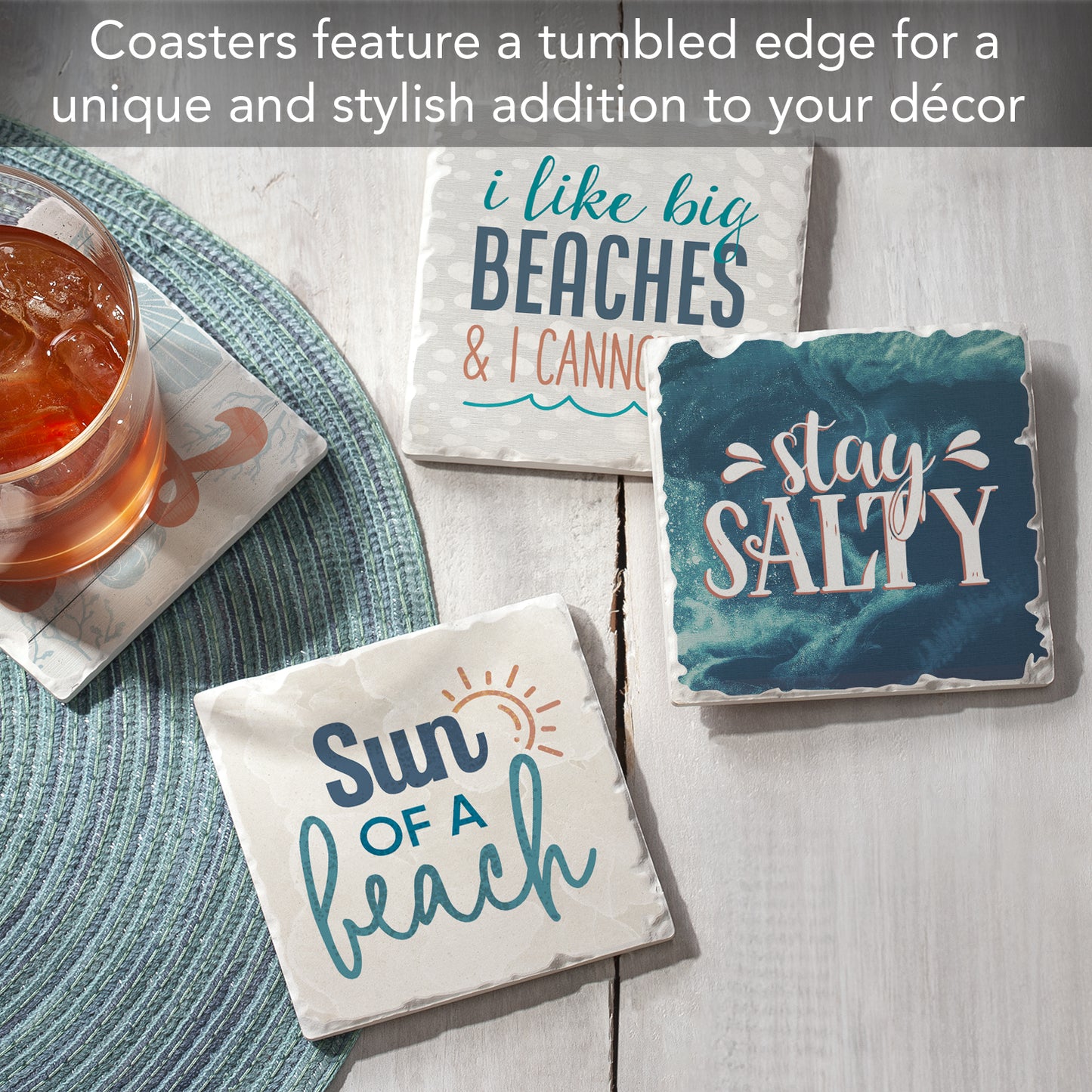 Thirstystone Big Beaches 4 Pack Assorted Tumbled Tile Stone Coasters 4" Square