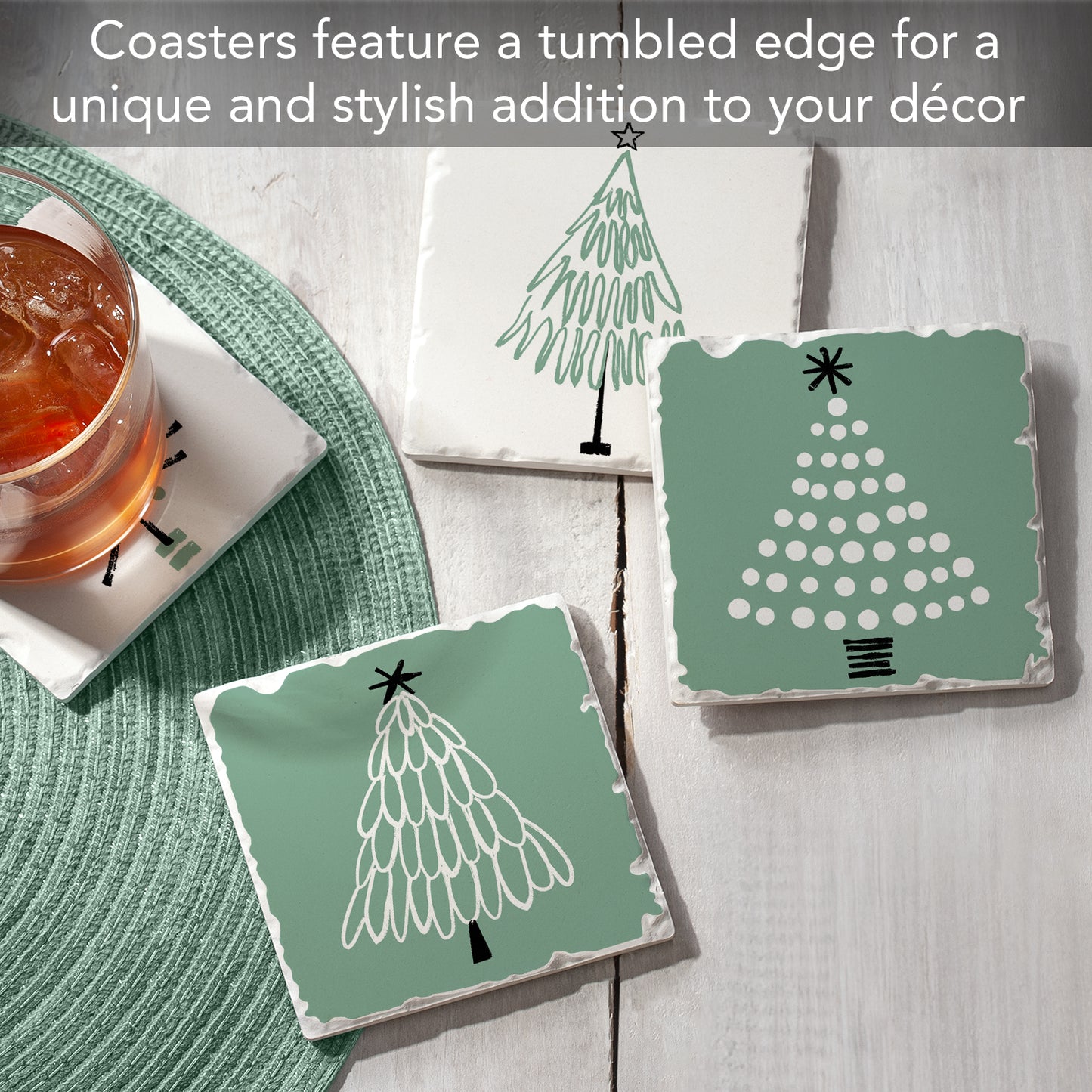 Thirstystone Scandinavian Tree 4 Pack Assorted Tumbled Tile Stone Coasters 4" Square