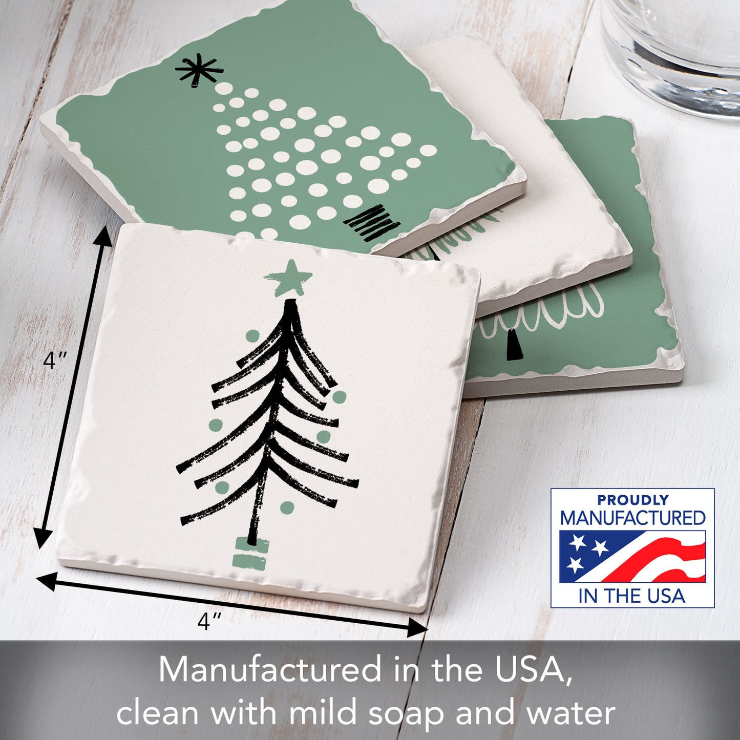 Thirstystone Scandinavian Tree 4 Pack Assorted Tumbled Tile Stone Coasters 4" Square