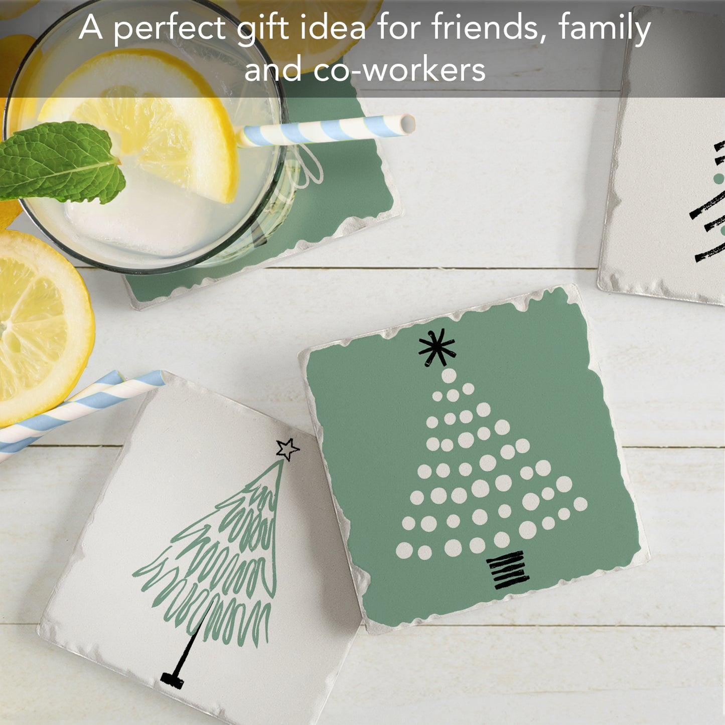 Thirstystone Scandinavian Tree 4 Pack Assorted Tumbled Tile Stone Coasters 4" Square
