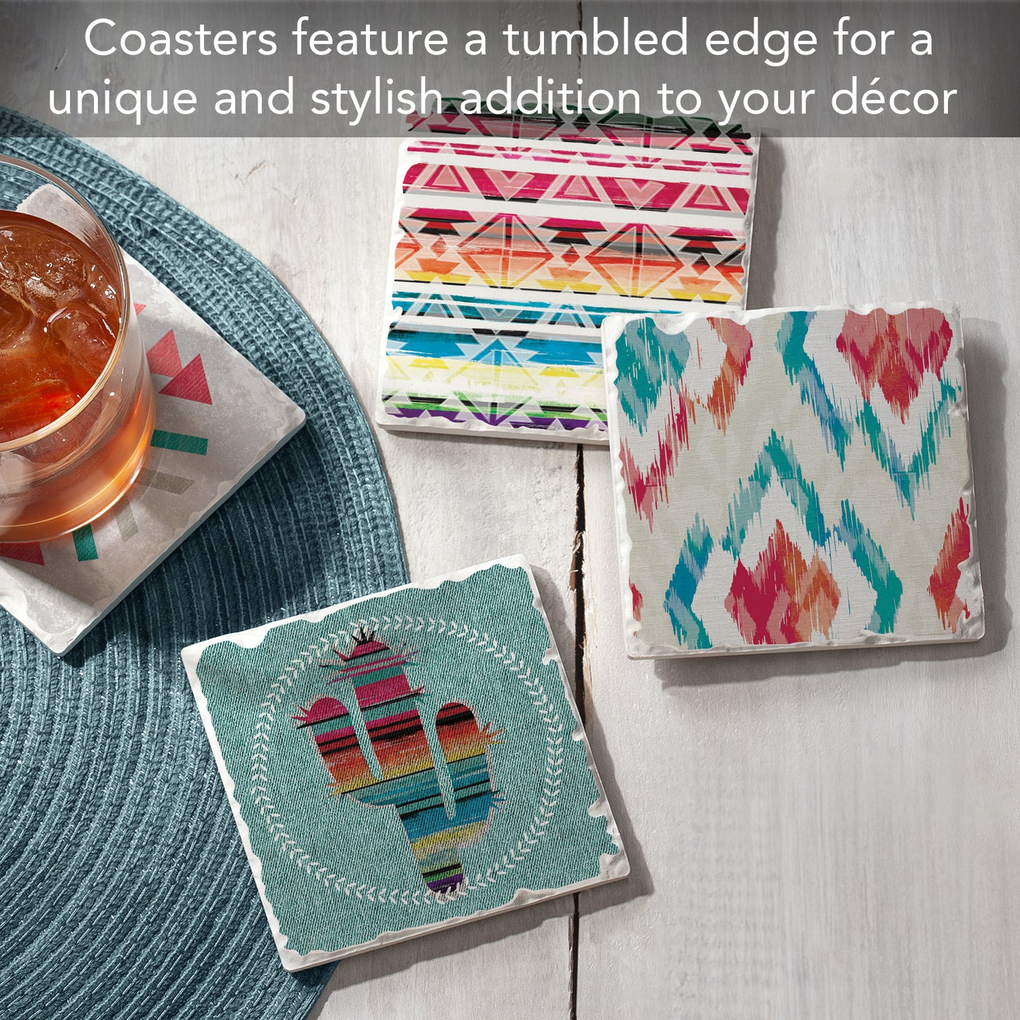 Thirstystone Out West 4-Pack Assorted Tumbled Tile Stone Coasters 4" Square