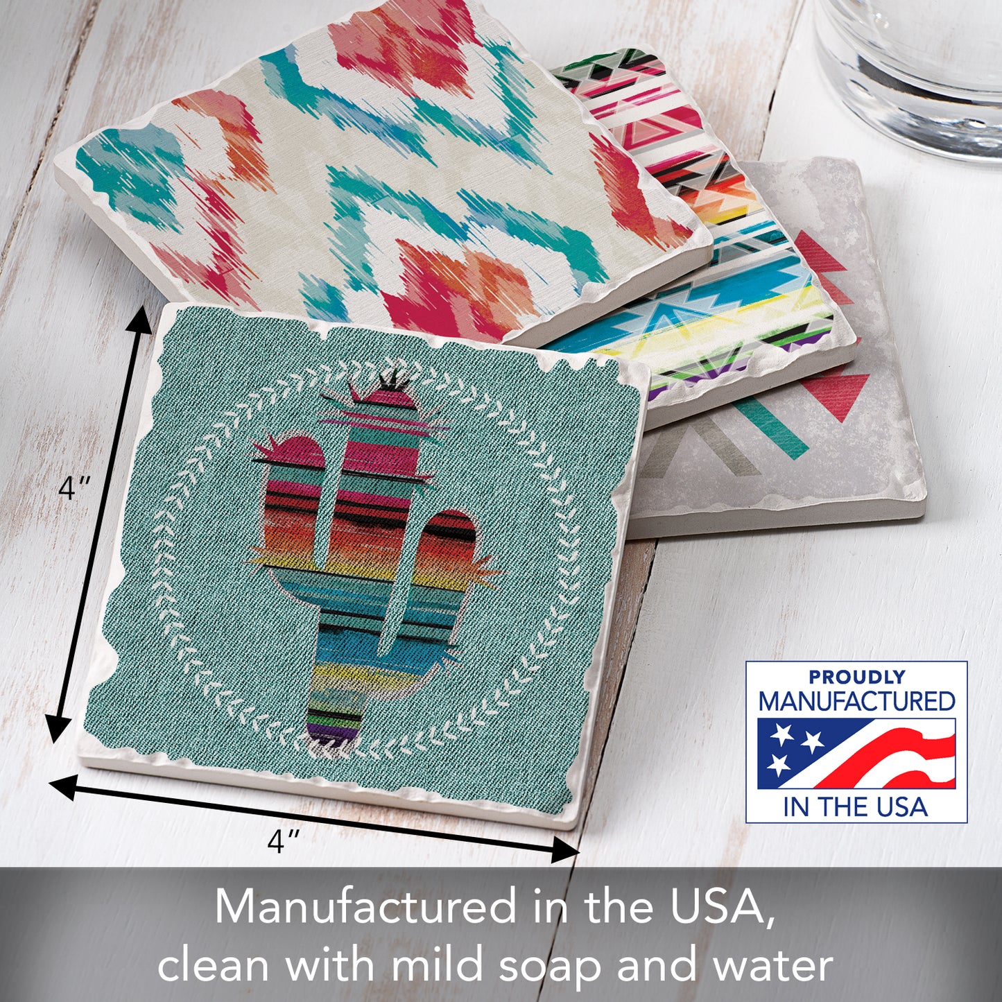 Thirstystone Out West 4-Pack Assorted Tumbled Tile Stone Coasters 4" Square