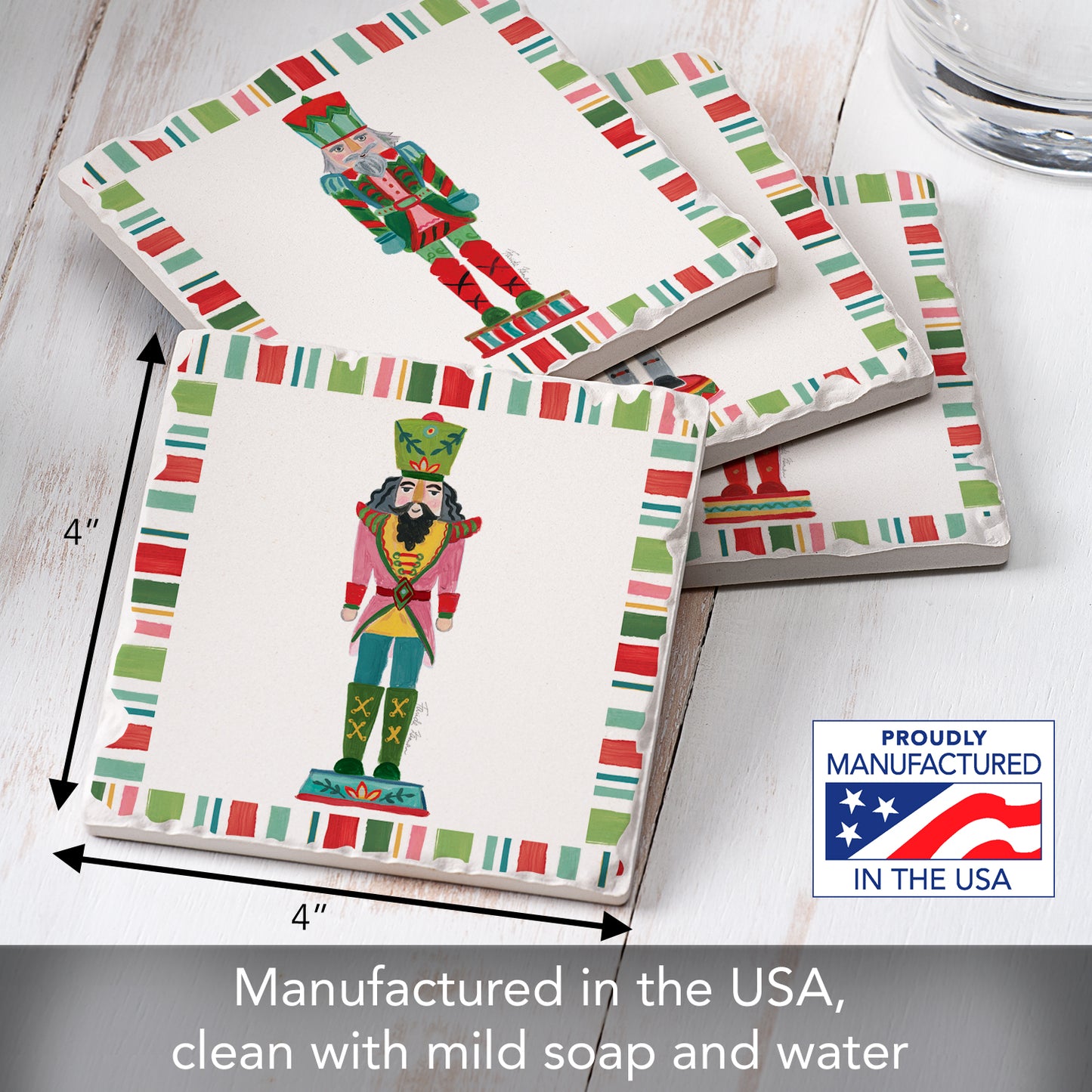 Thirstystone Holiday Nutcrackers 4 Pack Assorted Tumbled Tile Stone Coasters 4" Square