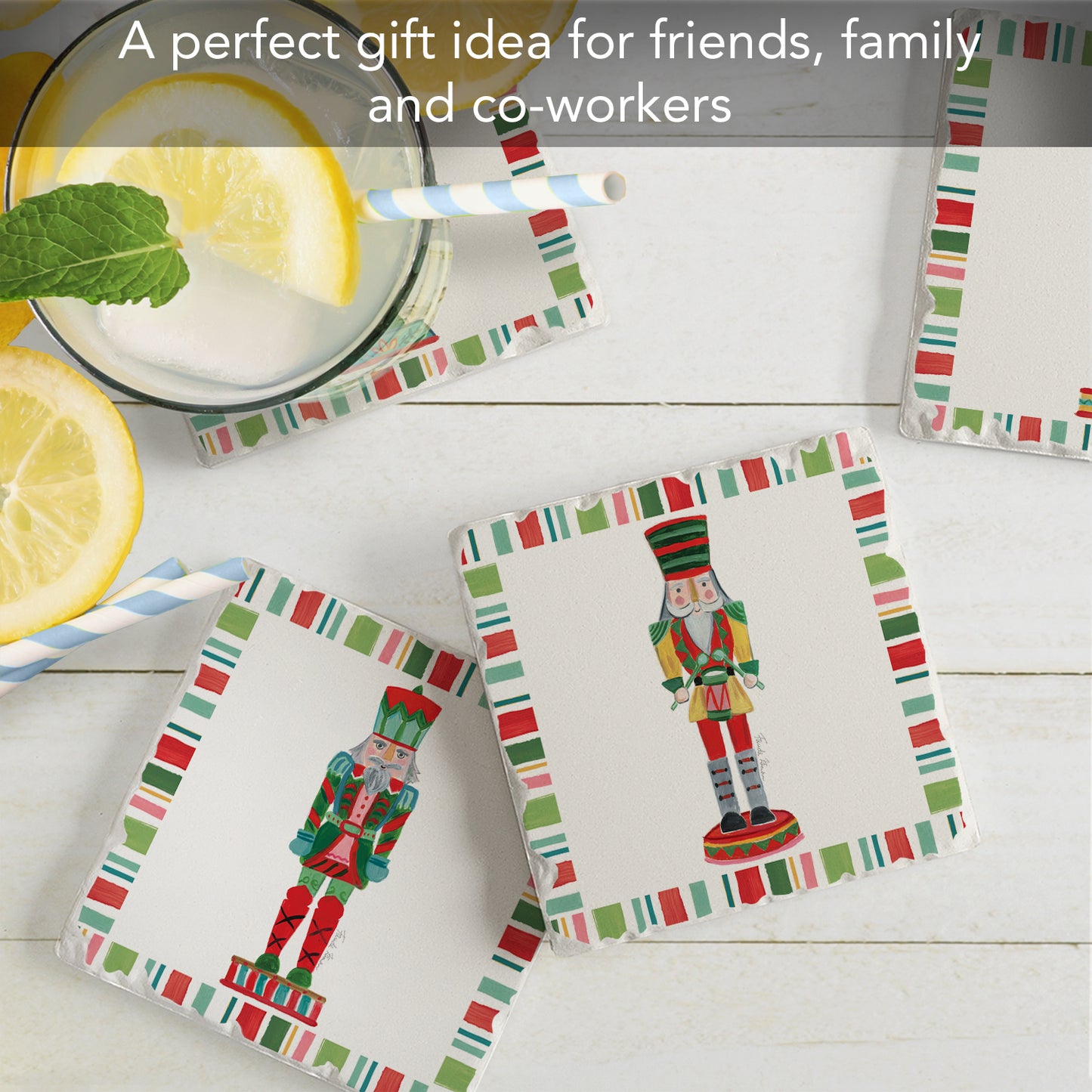 Thirstystone Holiday Nutcrackers 4 Pack Assorted Tumbled Tile Stone Coasters 4" Square