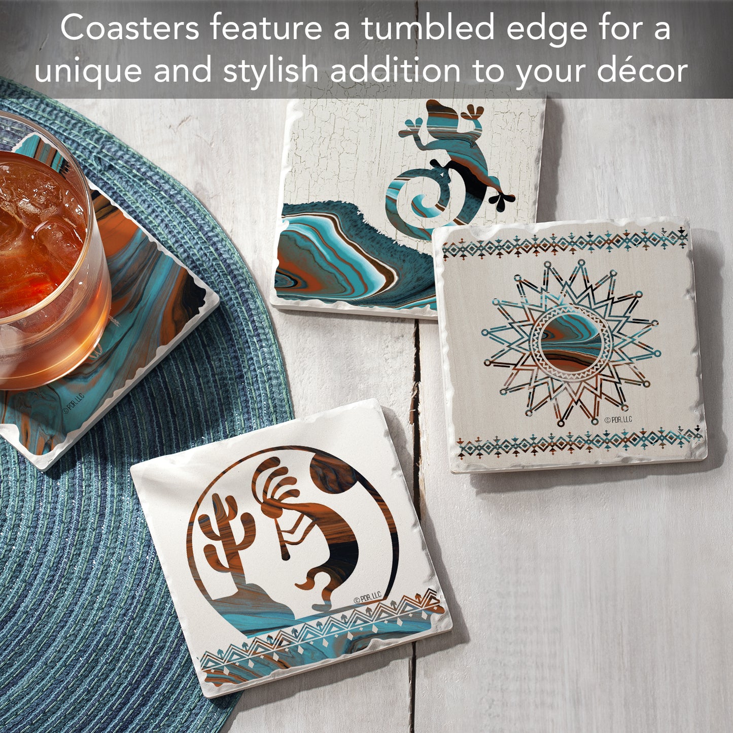 Thirstystone Southwest Fluidity 4-Pack Assorted Tumbled Tile Stone Coasters 4" Square