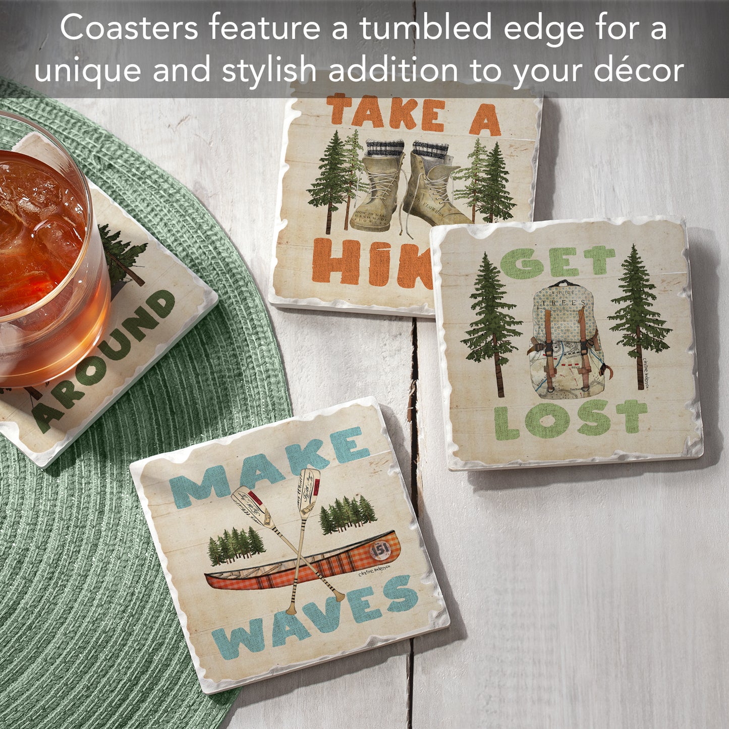 Thirstystone Get Lost 4-Pack Assorted Stone Tumbled Tile Coasters 4" Square