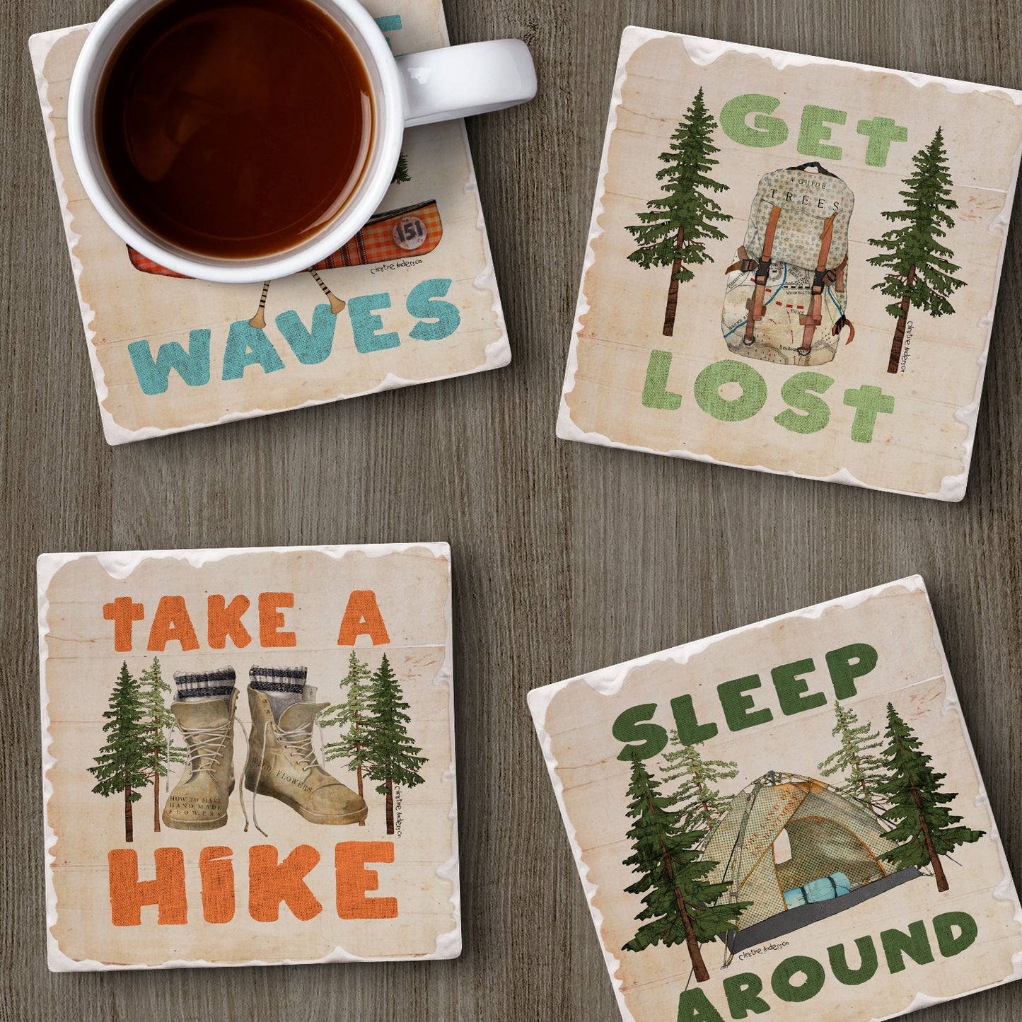 Thirstystone Get Lost 4-Pack Assorted Stone Tumbled Tile Coasters 4" Square