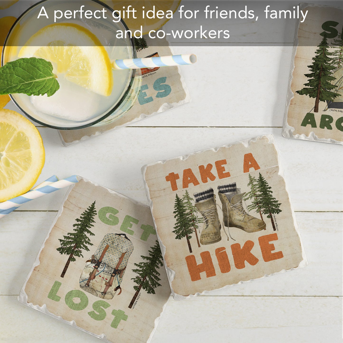Thirstystone Get Lost 4-Pack Assorted Stone Tumbled Tile Coasters 4" Square