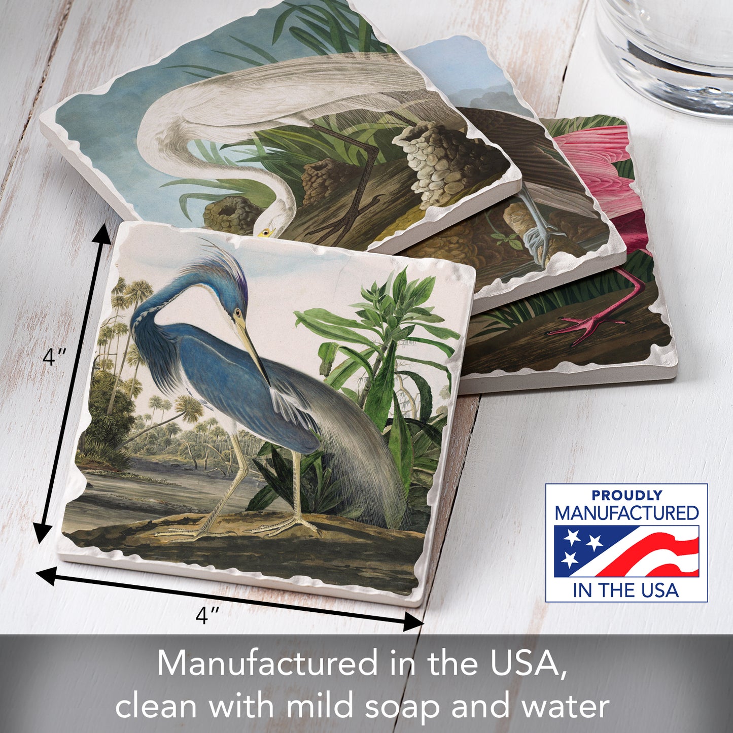 Thirstystone John James Audubon Collection 4-Pack Assorted Tumbled Tile Stone Coasters 4" Square