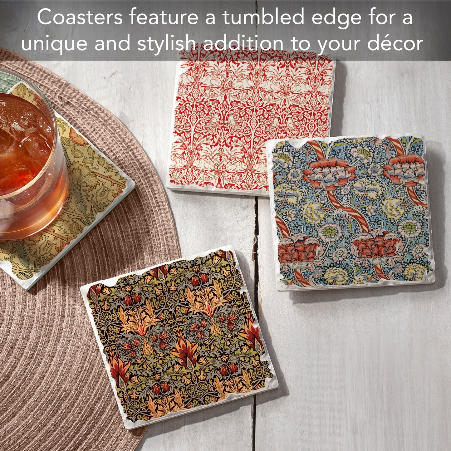 Thirstystone William Morris Textile Prints 4-Pack Assorted Tumbled Tile Stone Coasters 4" Square