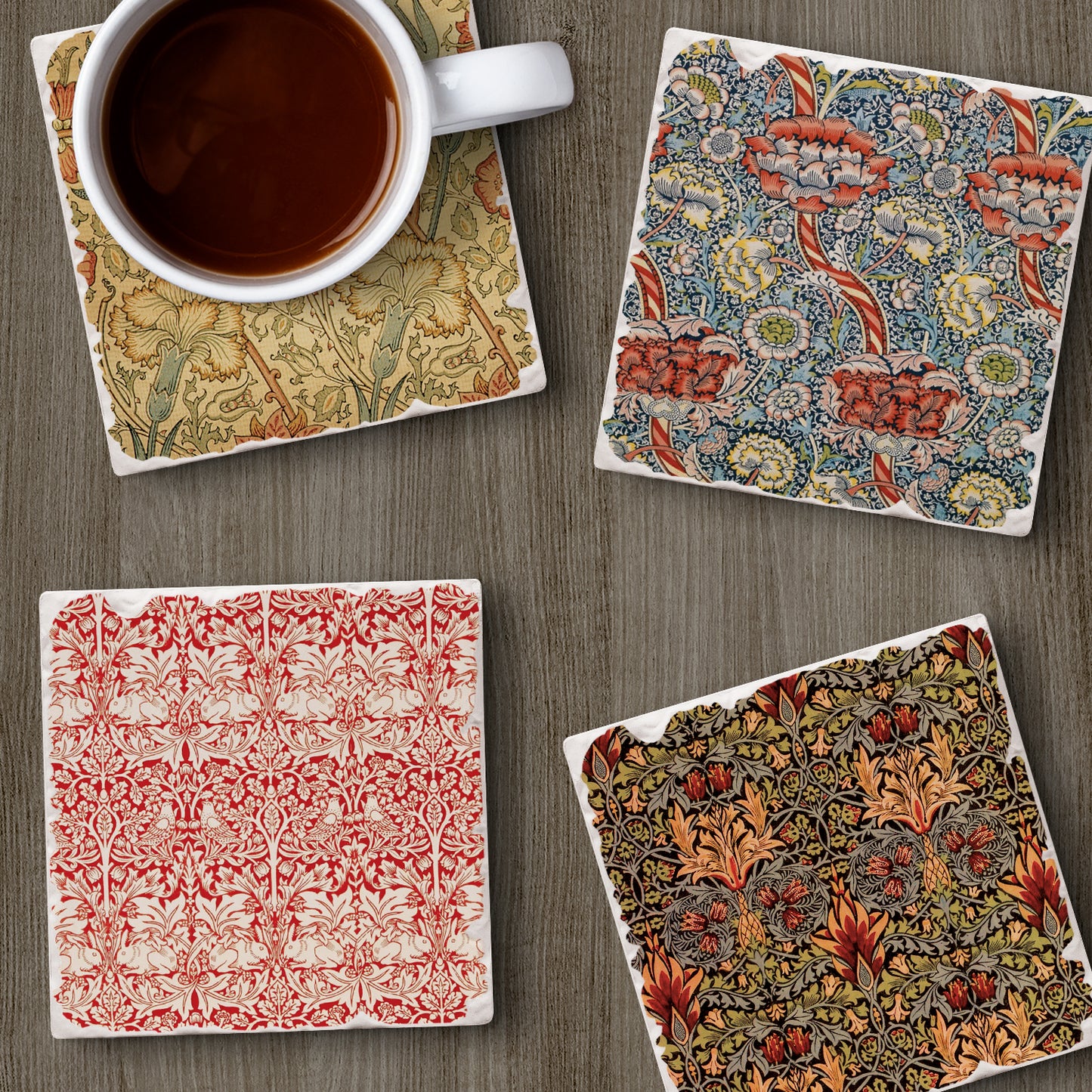 Thirstystone William Morris Textile Prints 4-Pack Assorted Tumbled Tile Stone Coasters 4" Square