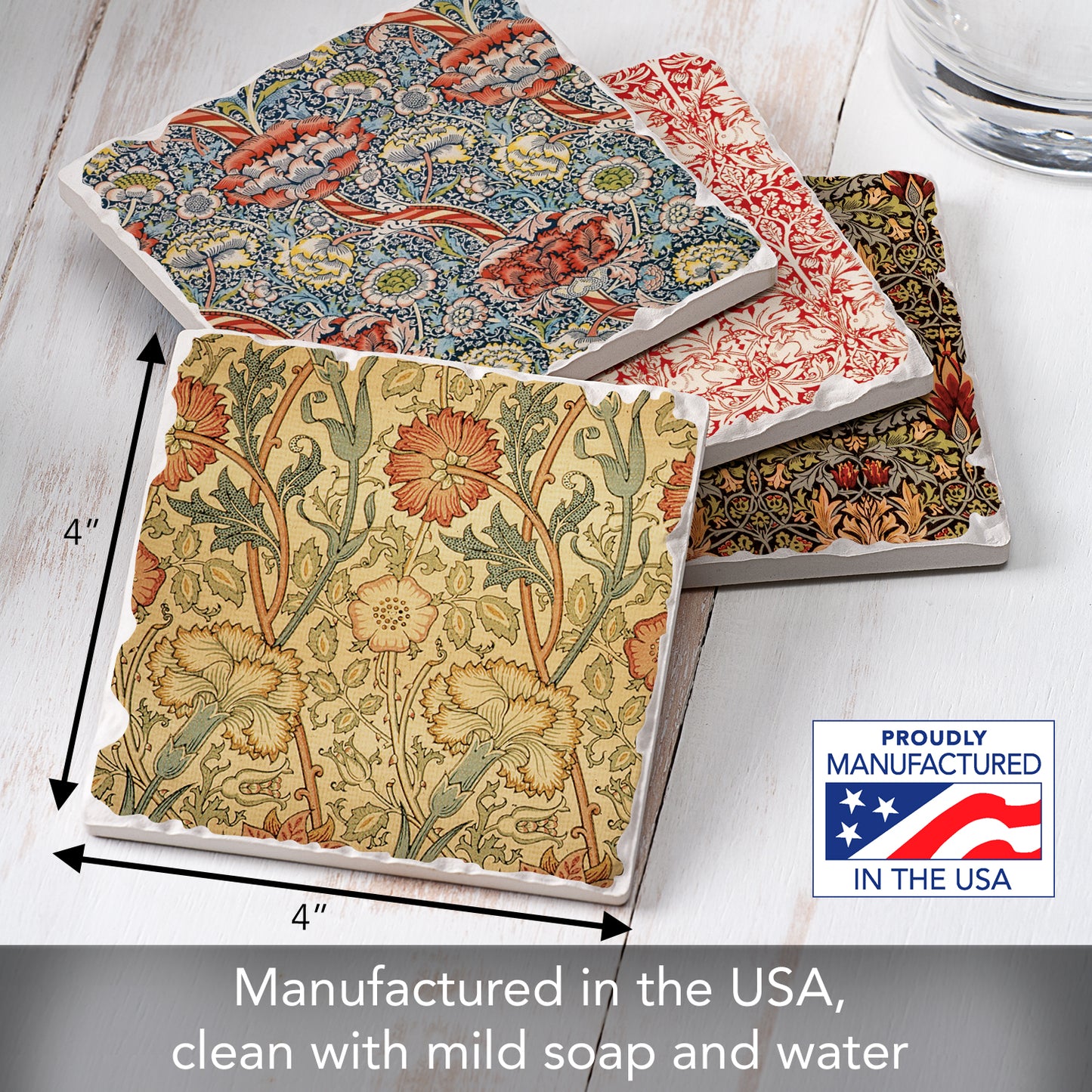 Thirstystone William Morris Textile Prints 4-Pack Assorted Tumbled Tile Stone Coasters 4" Square
