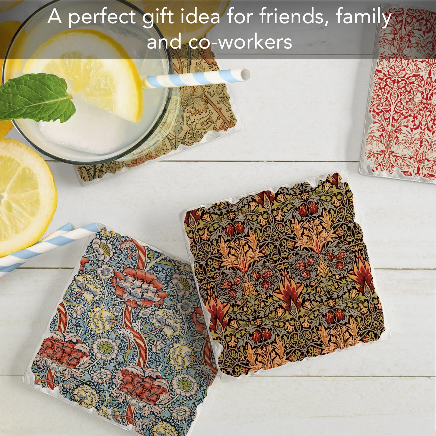 Thirstystone William Morris Textile Prints 4-Pack Assorted Tumbled Tile Stone Coasters 4" Square
