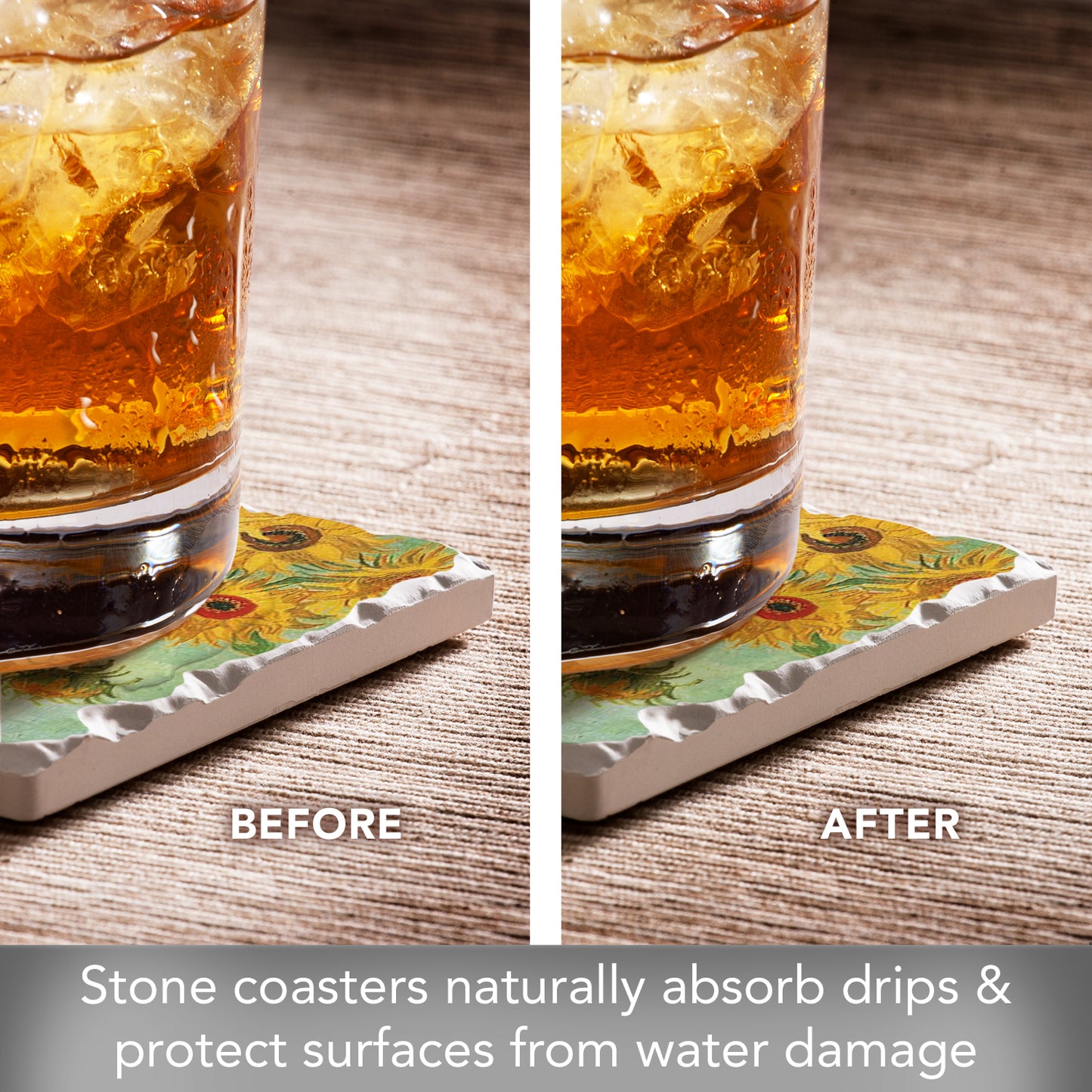 Thirstystone Van Gogh Sunflowers 4-Pack Assorted Tumbled Tile Stone Coasters 4" Square