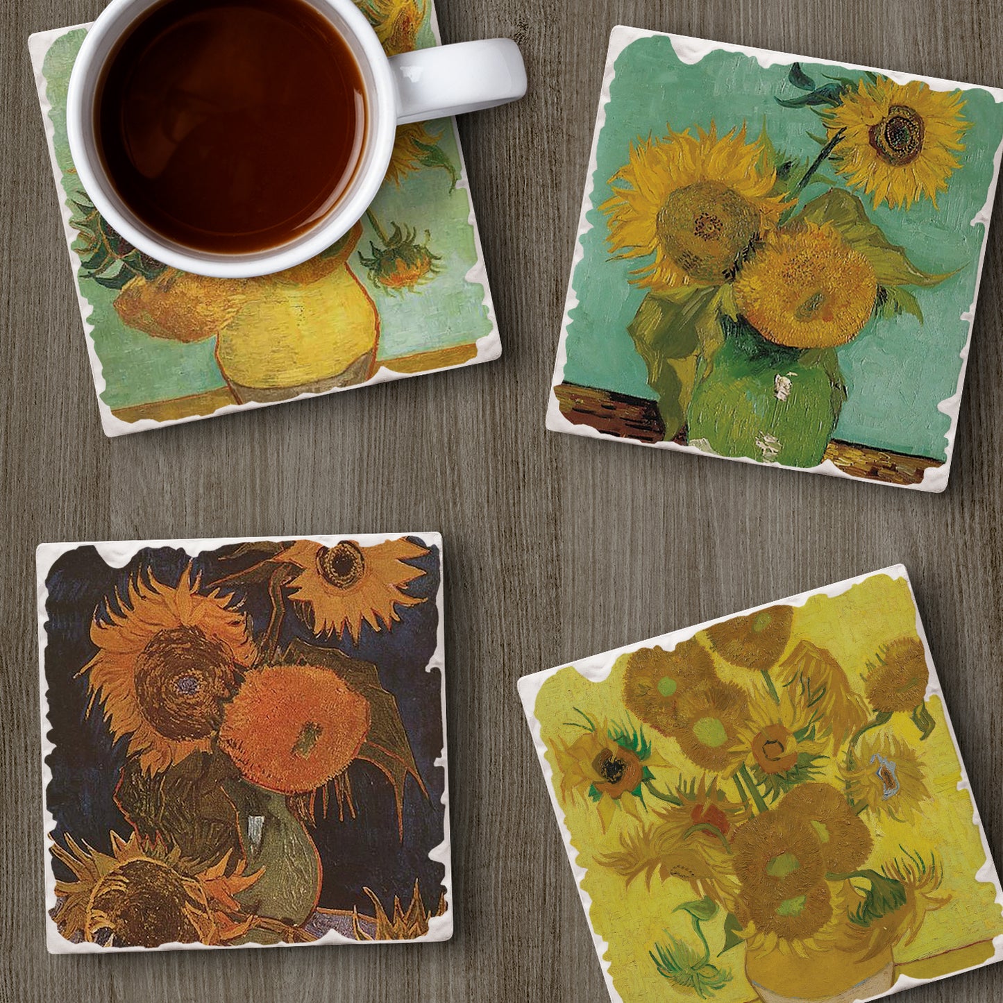 Thirstystone Van Gogh Sunflowers 4-Pack Assorted Tumbled Tile Stone Coasters 4" Square